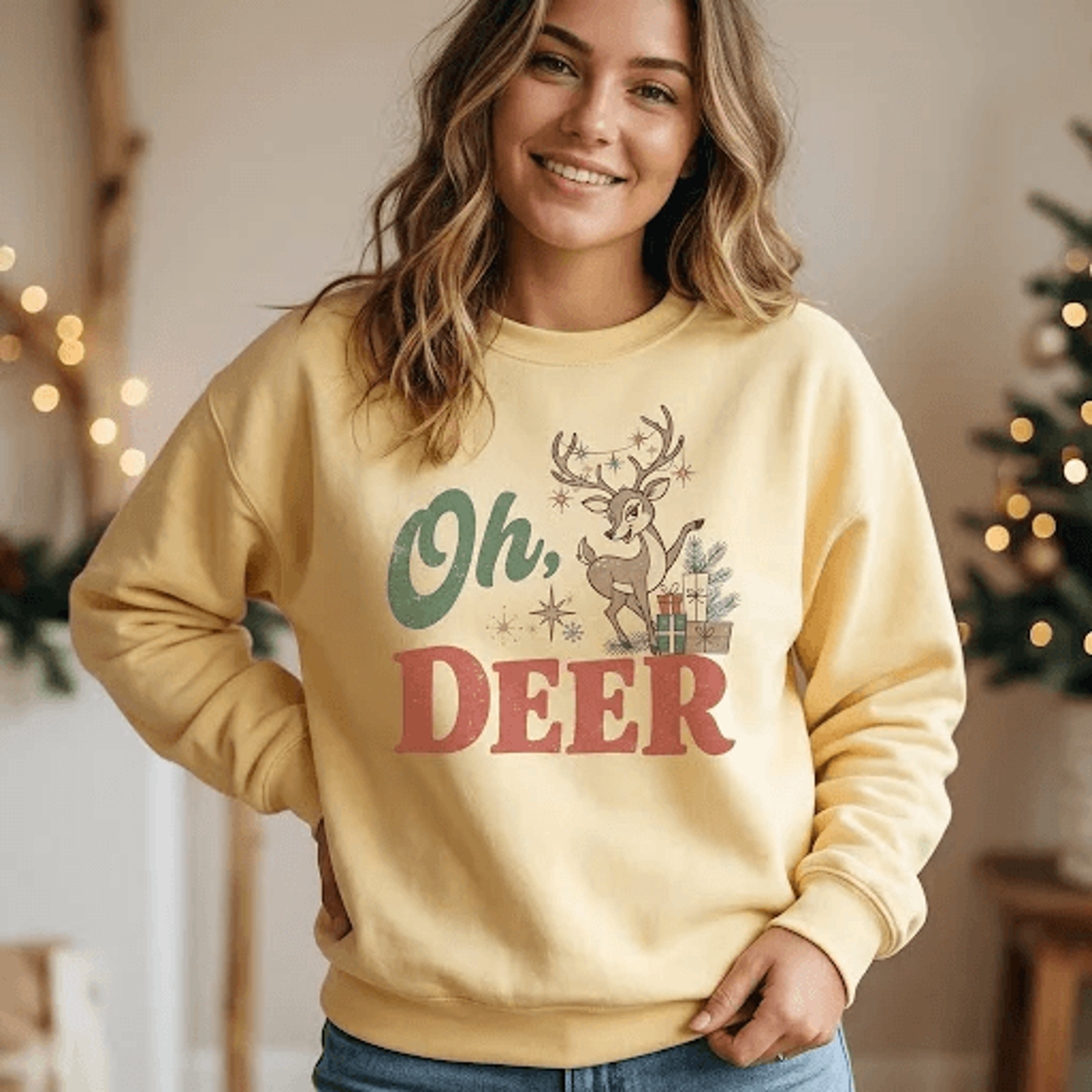 Oh Deer Christmas Sweatshirt Cute Reindeer With Gifts Retro Holiday Graphic Funny Festive Deer Gift 3