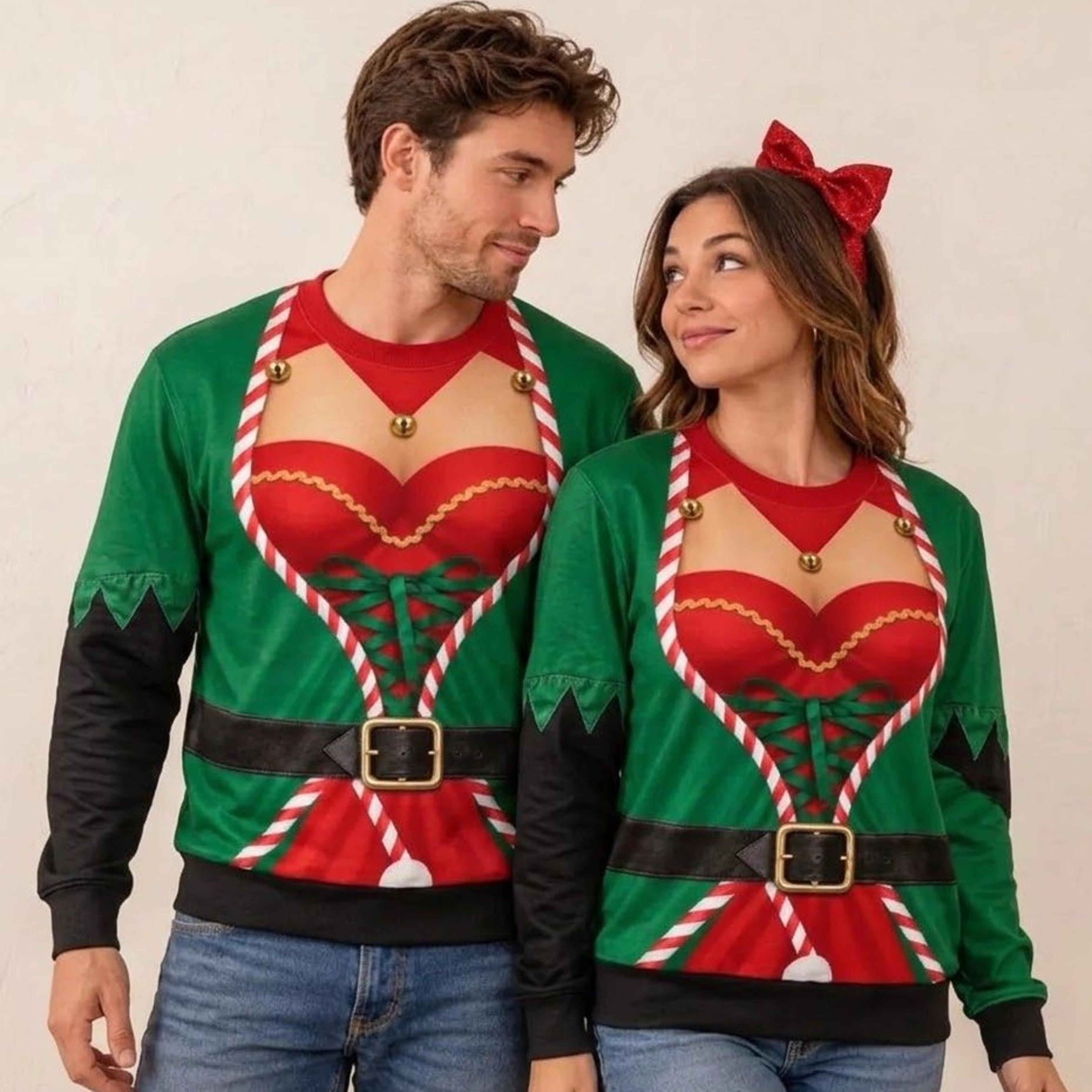 funny christmas elf corset illusion unisex sweatshirt, matching couple holiday outfit, ugly xmas party costume print