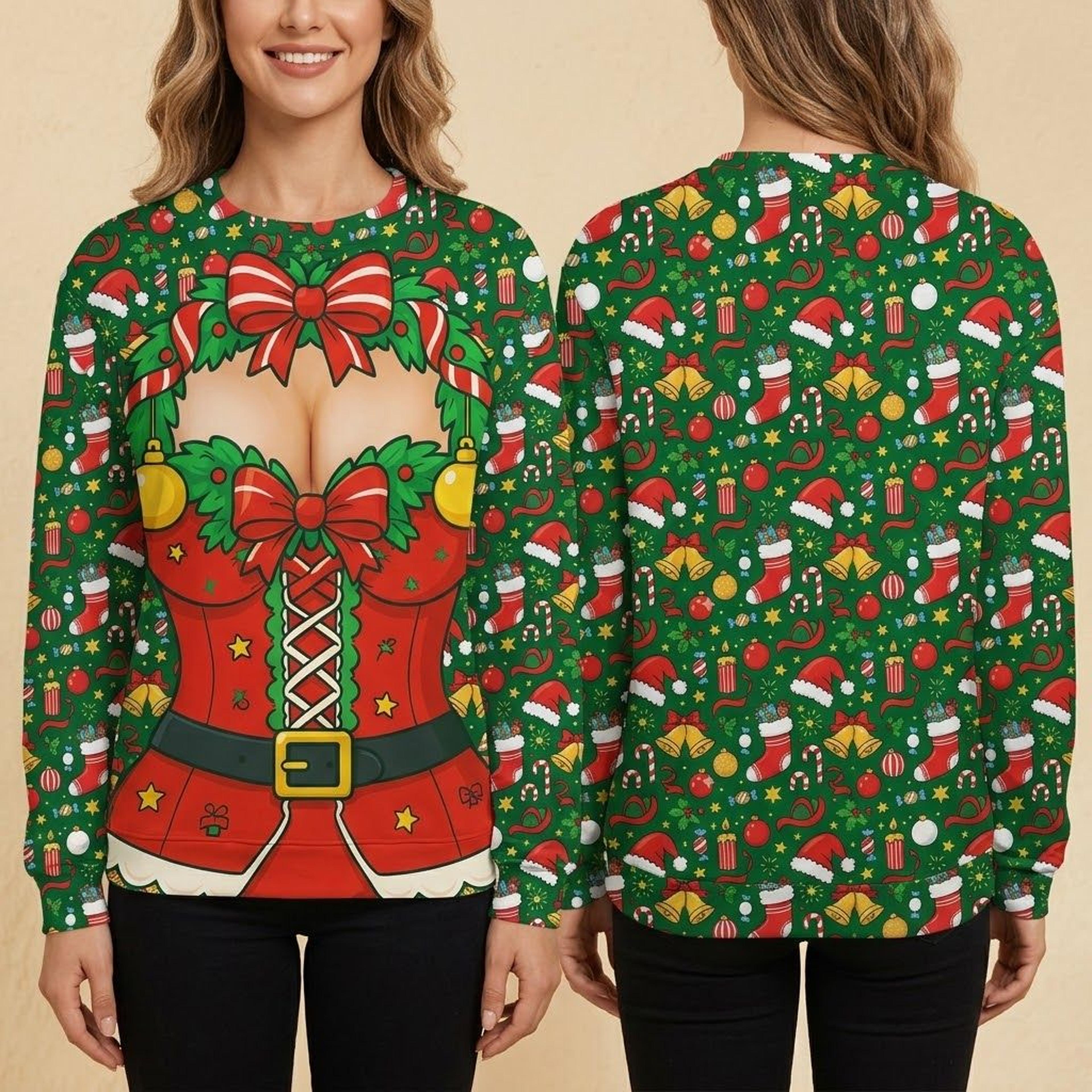 funny christmas corset illusion unisex sweatshirt, festive bow bustier print, ugly xmas party outfit, holiday novelty