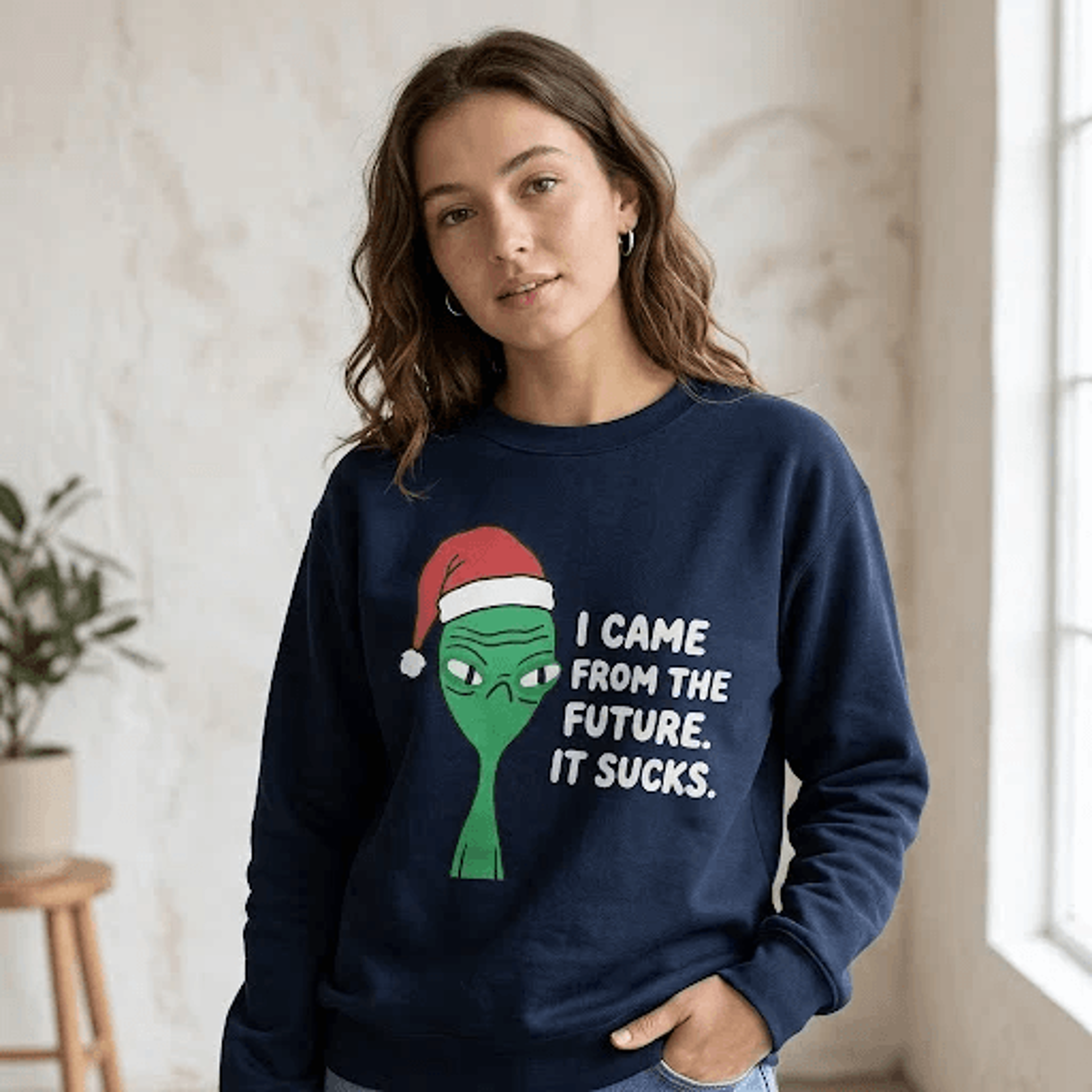 funny christmas alien sweatshirt, i came from the future it sucks graphic crewneck, sarcastic holiday humor gift, unisex