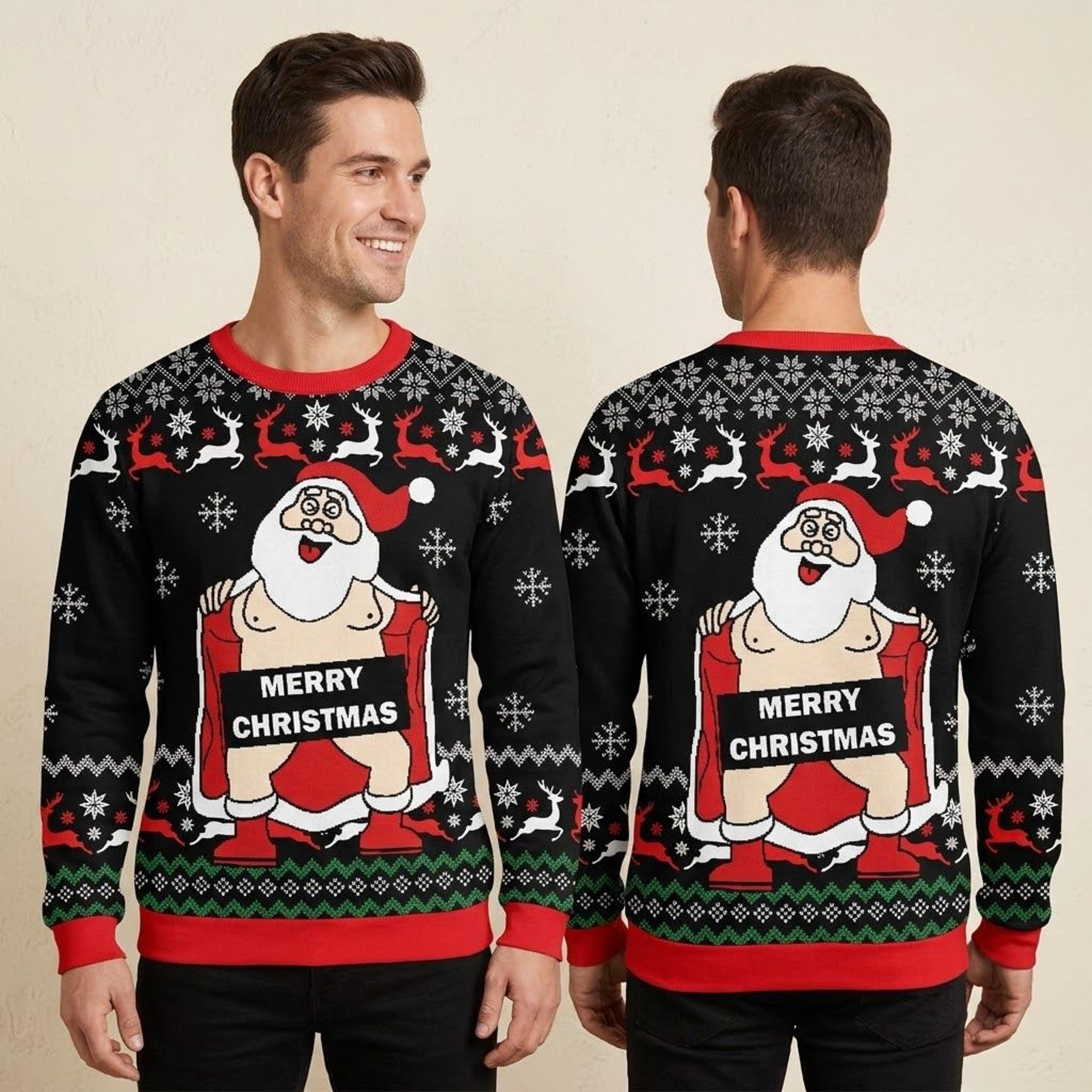 funny flashing santa merry christmas unisex sweatshirt, naughty santa cartoon ugly xmas party outfit, adult holiday gift