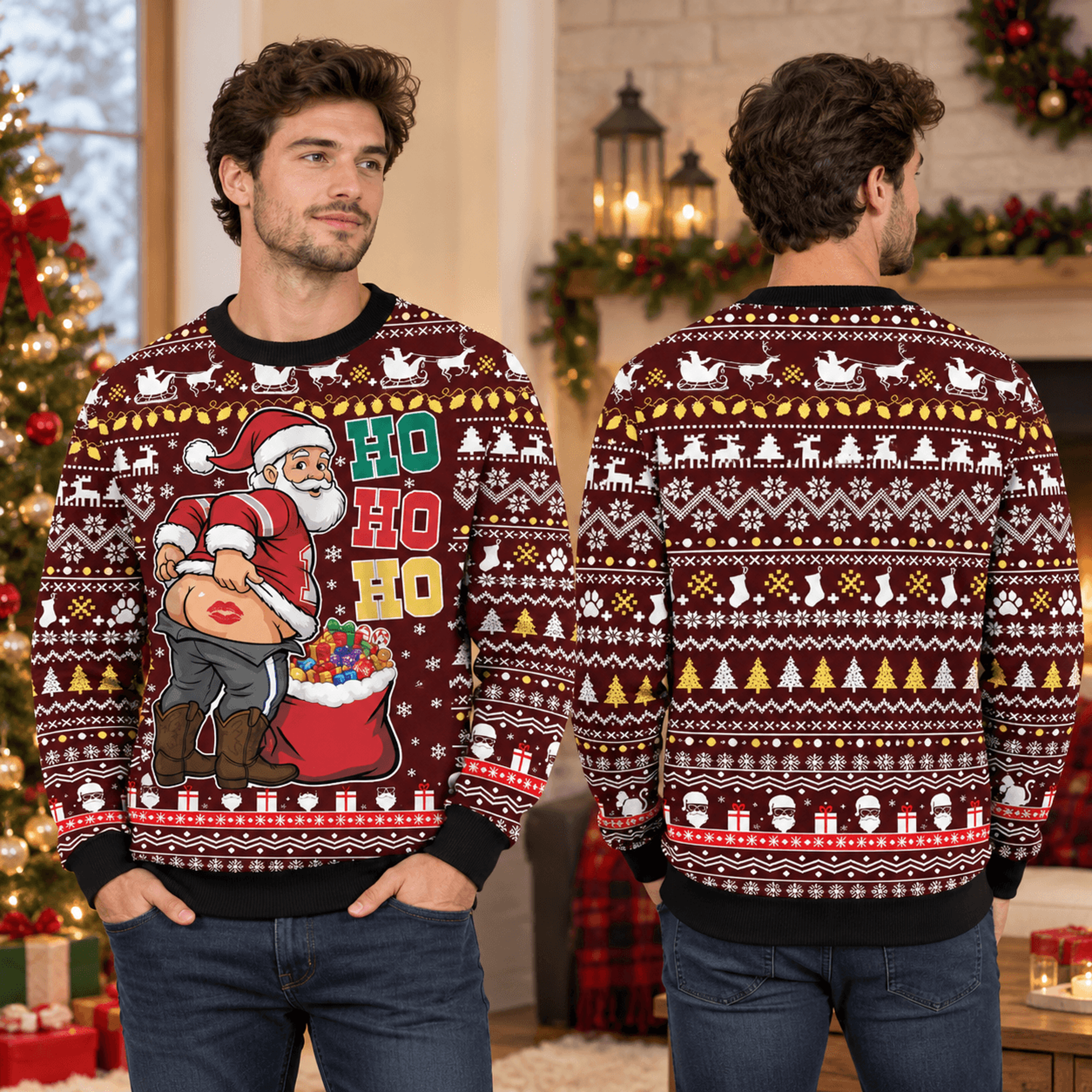 funny ho ho ho santa christmas sweatshirt, naughty santa booty kiss graphic, ugly christmas party sweatshirt, unisex