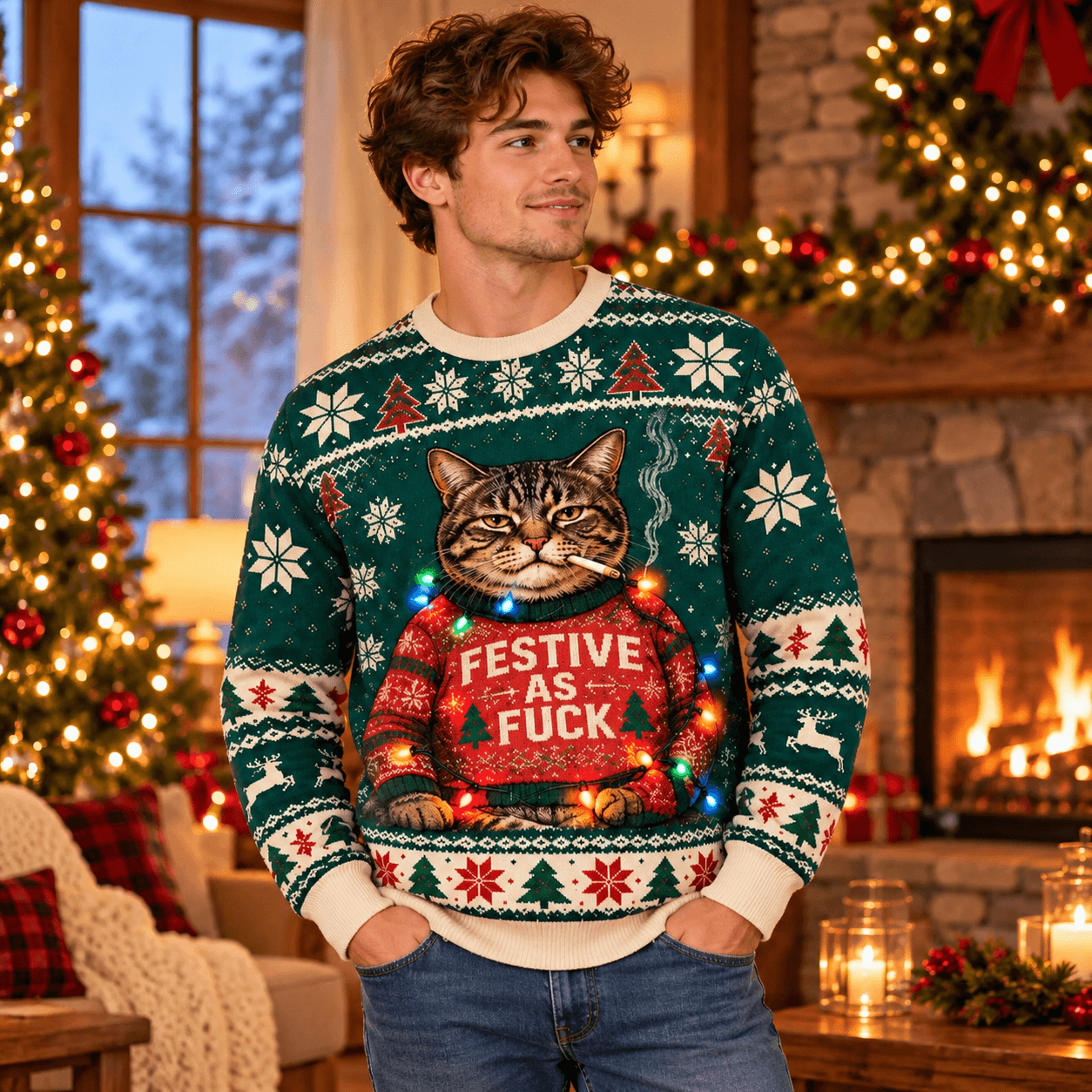 funny festive as fuck cat christmas sweatshirt, grumpy smoking cat ugly christmas sweater, unisex adult holiday party