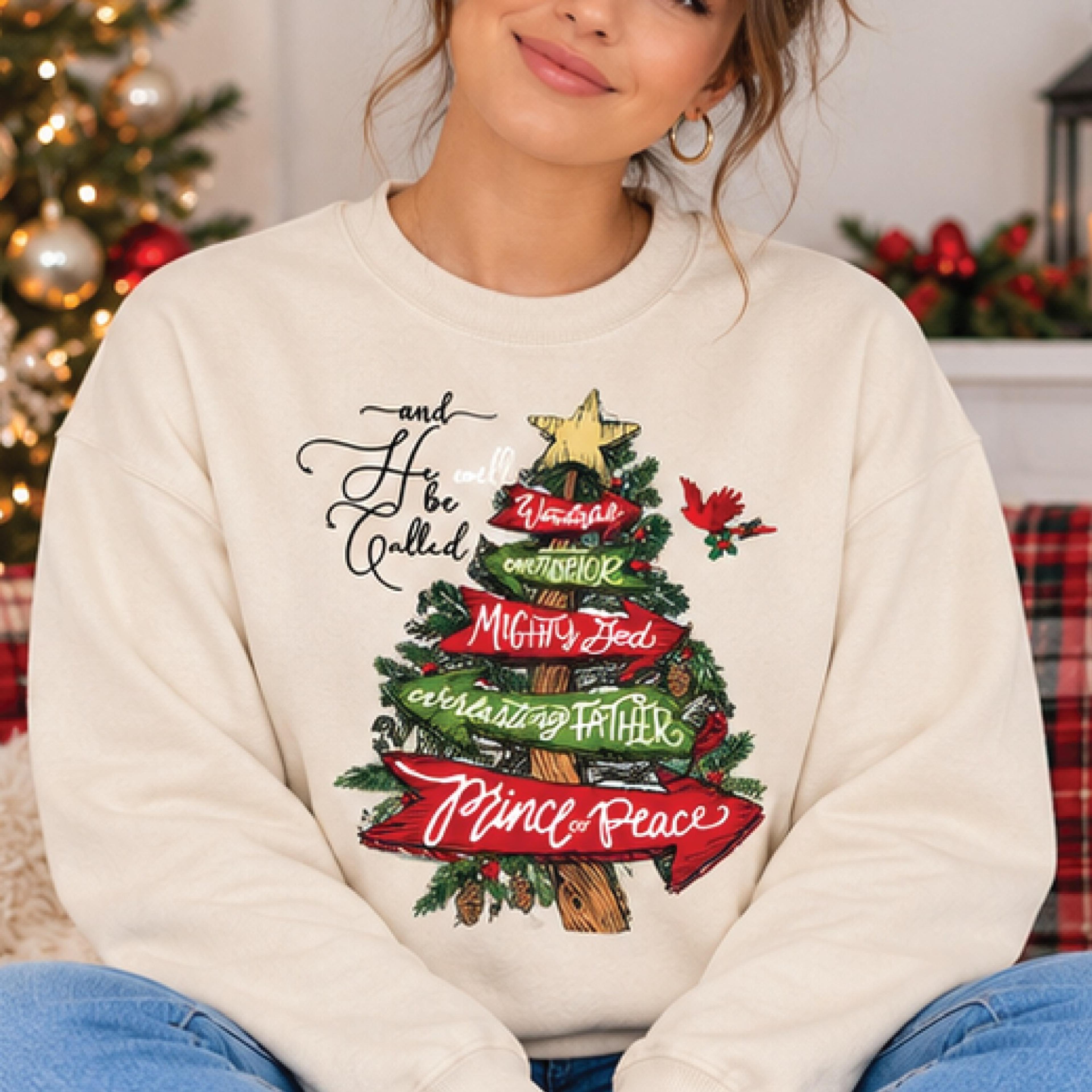 christian christmas tree sweatshirt, and he shall be called jesus, names of christ, faith based holiday gift for believe