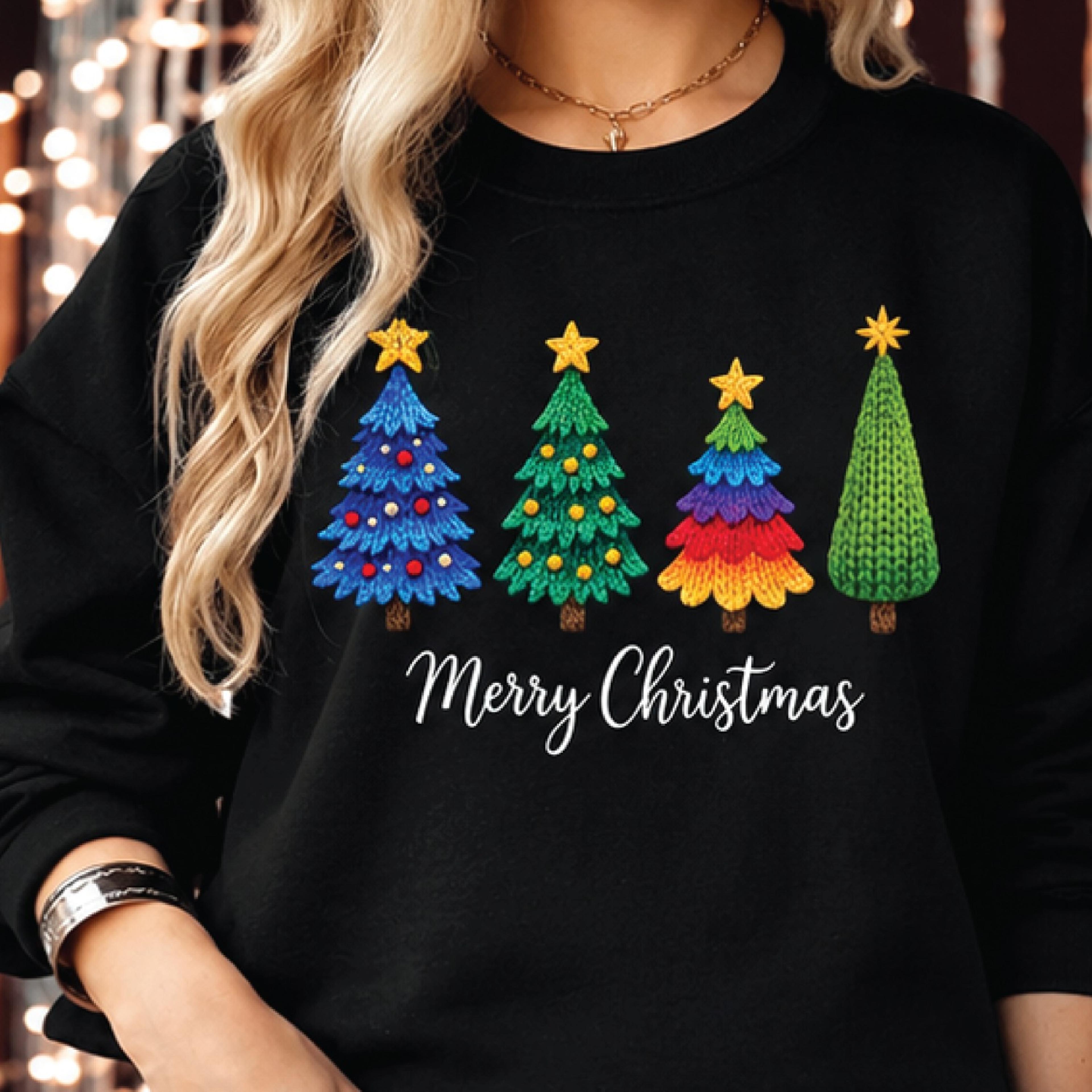 merry christmas crochet tree sweatshirt, cute knitted christmas trees graphic, cozy holiday sweatshirt, crochet lover