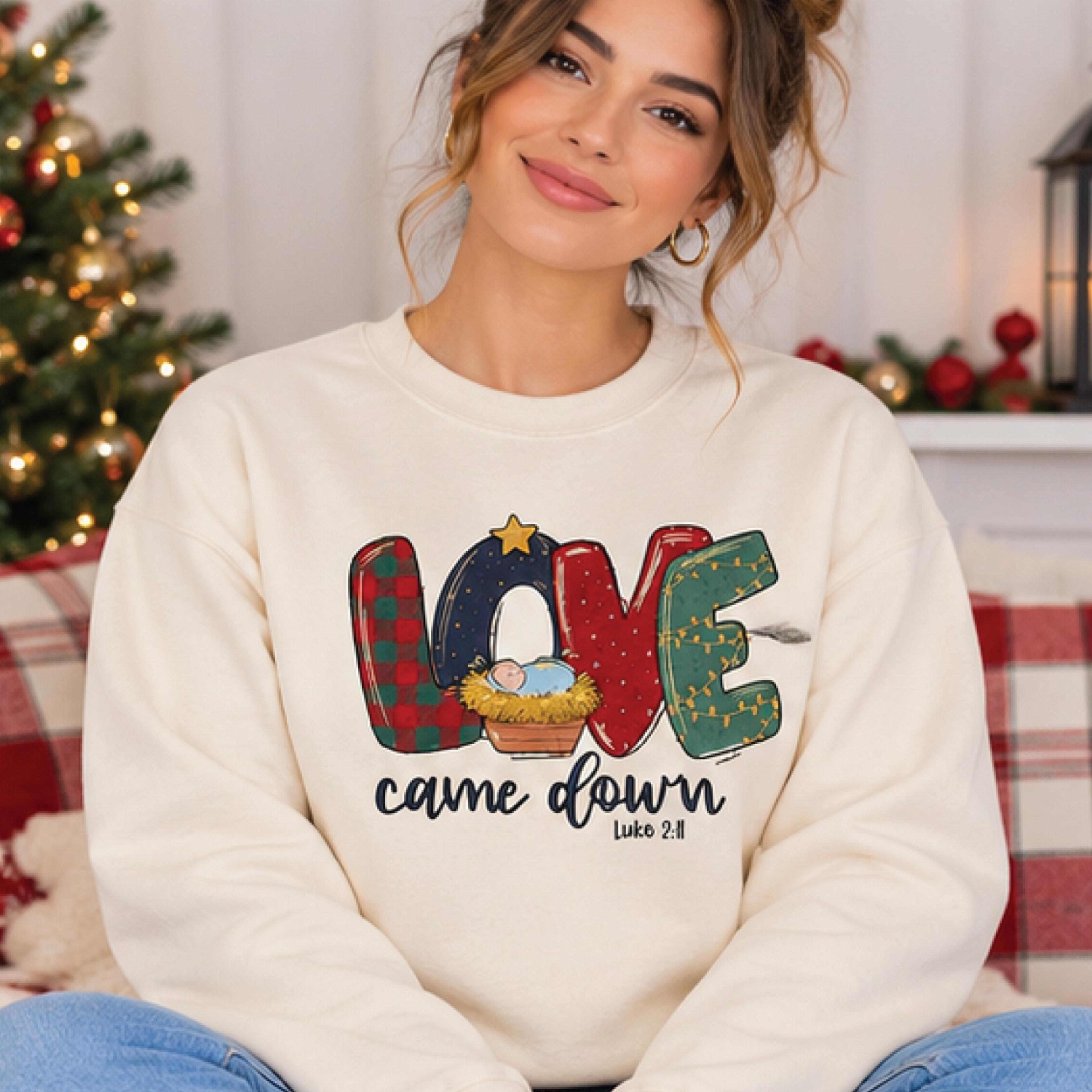 love came down christmas sweatshirt, luke 2,11 nativity christian holiday pullover, faith based jesus christmas gift