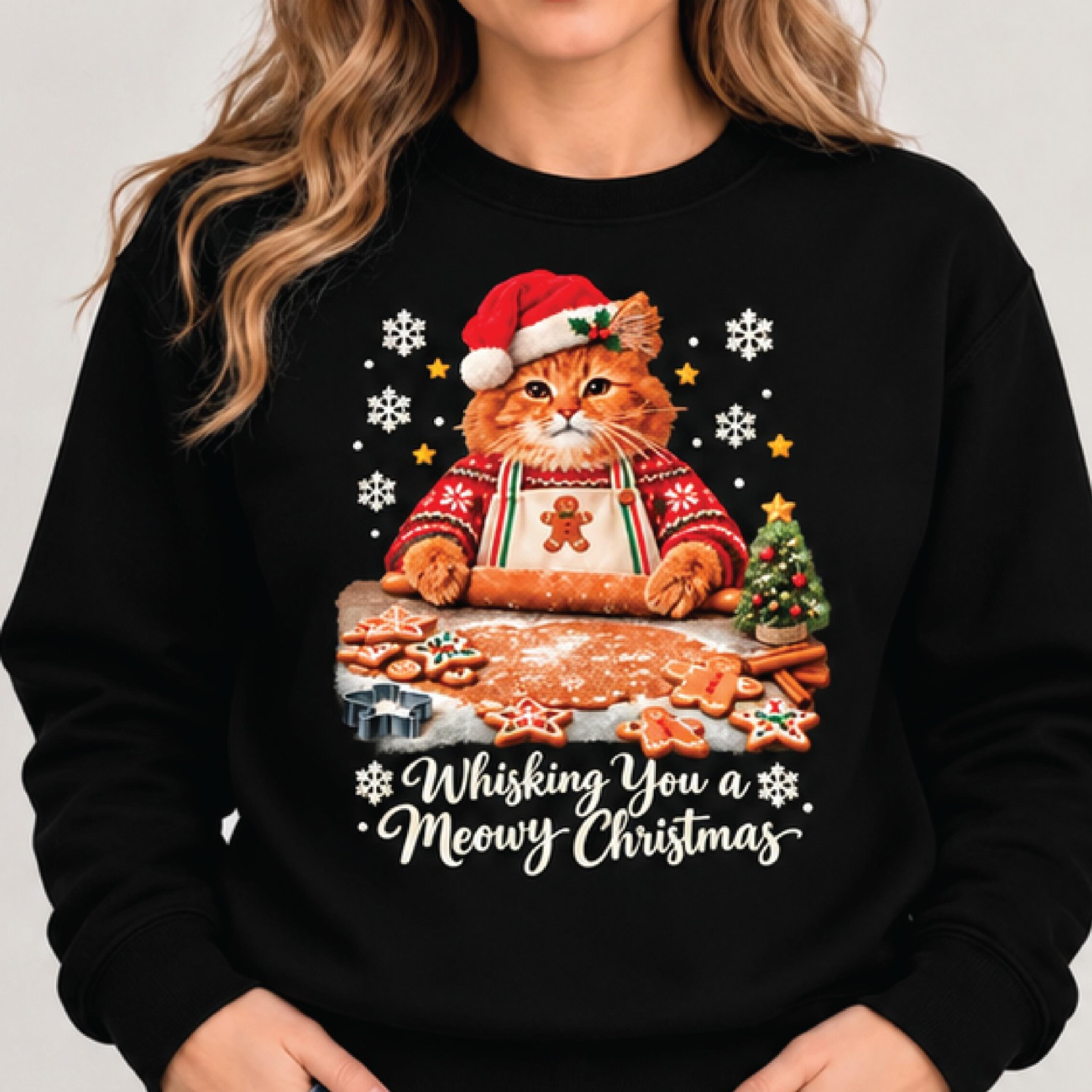 whisking you a meowy christmas sweatshirt, cute cat baking gingerbread christmas sweatshirt, funny cat lover holiday