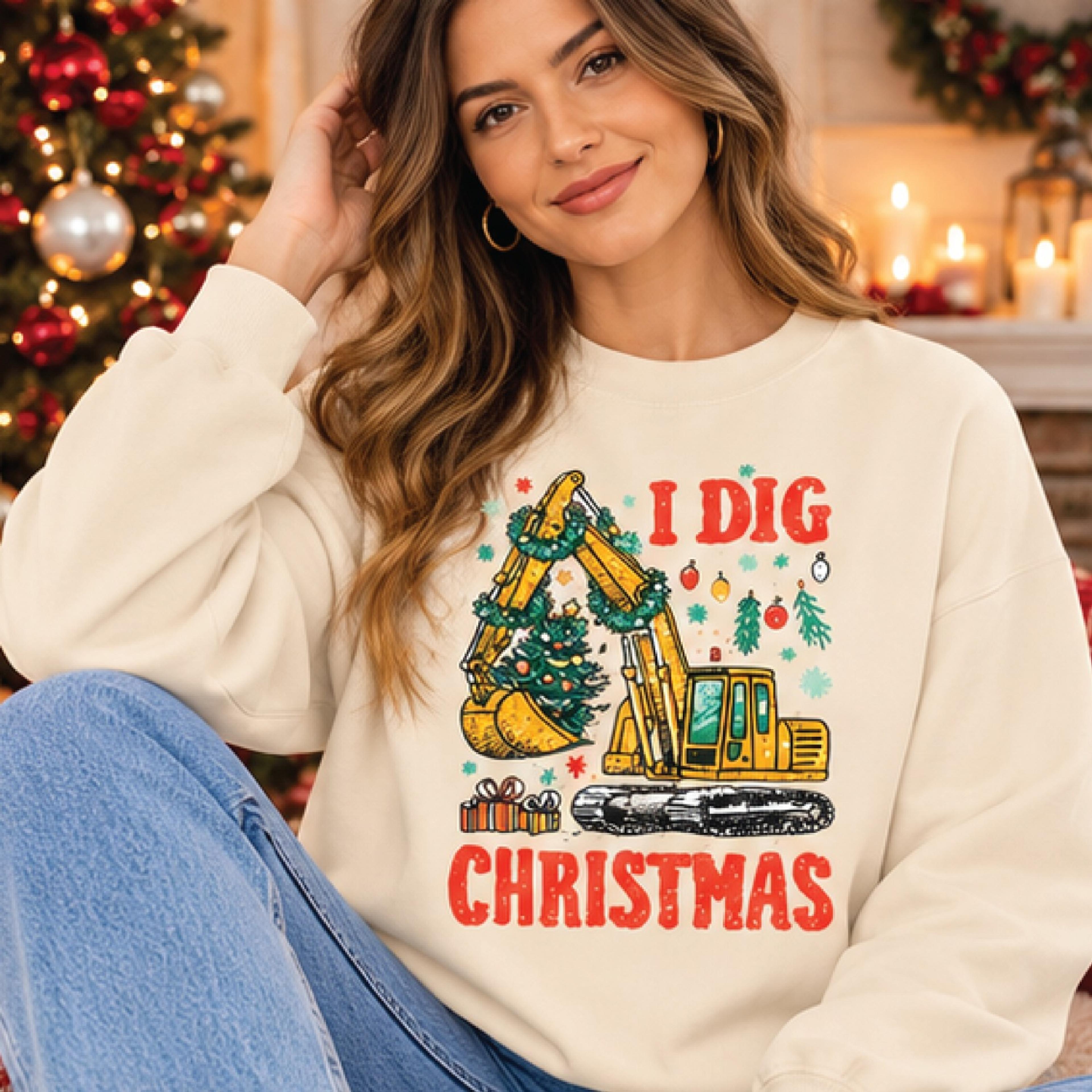 i dig christmas sweatshirt, funny excavator christmas tree graphic sweatshirt, construction worker holiday gift, unisex