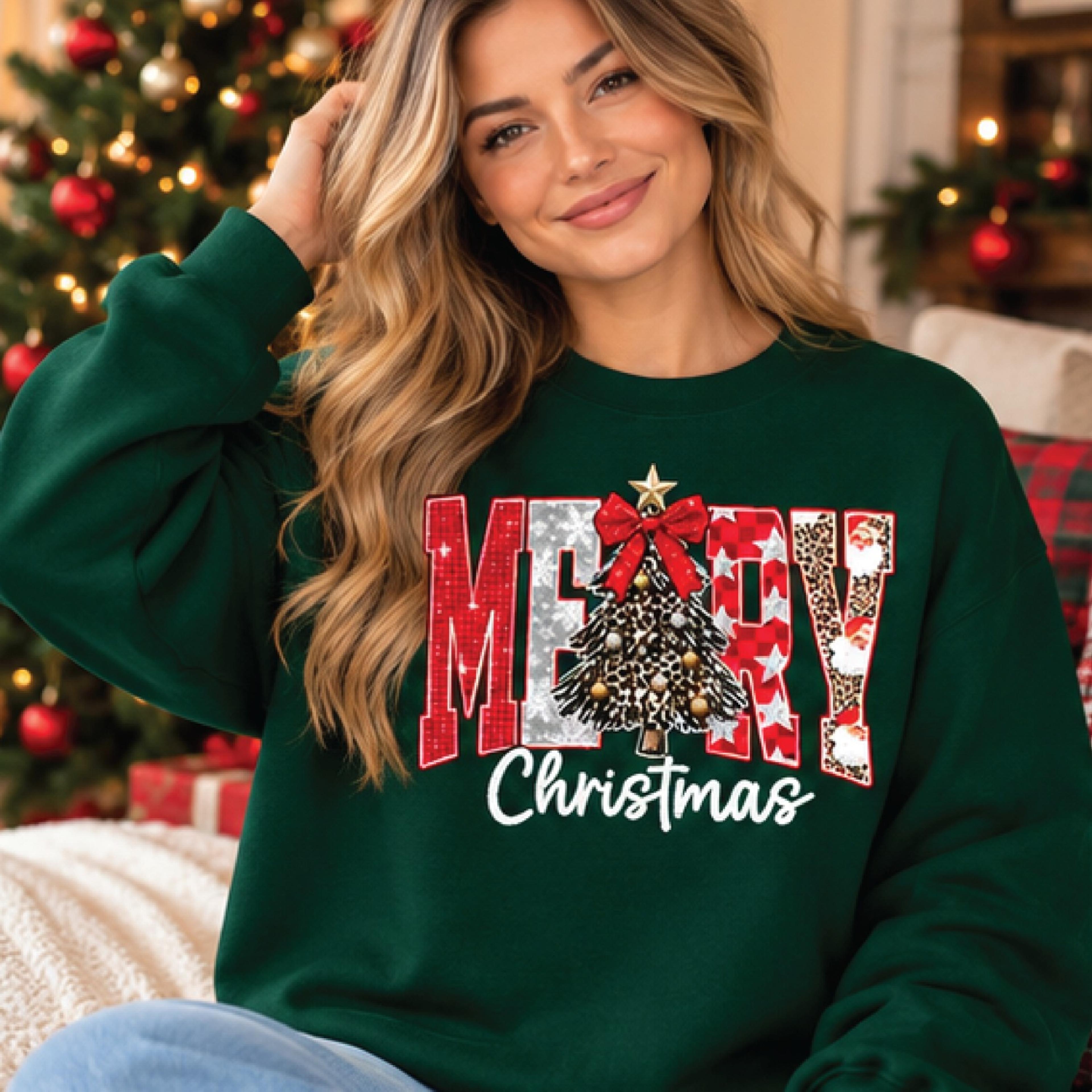 merry christmas sweatshirt, leopard print christmas tree graphic crewneck, festive plaid holiday sweatshirt, unisex xmas