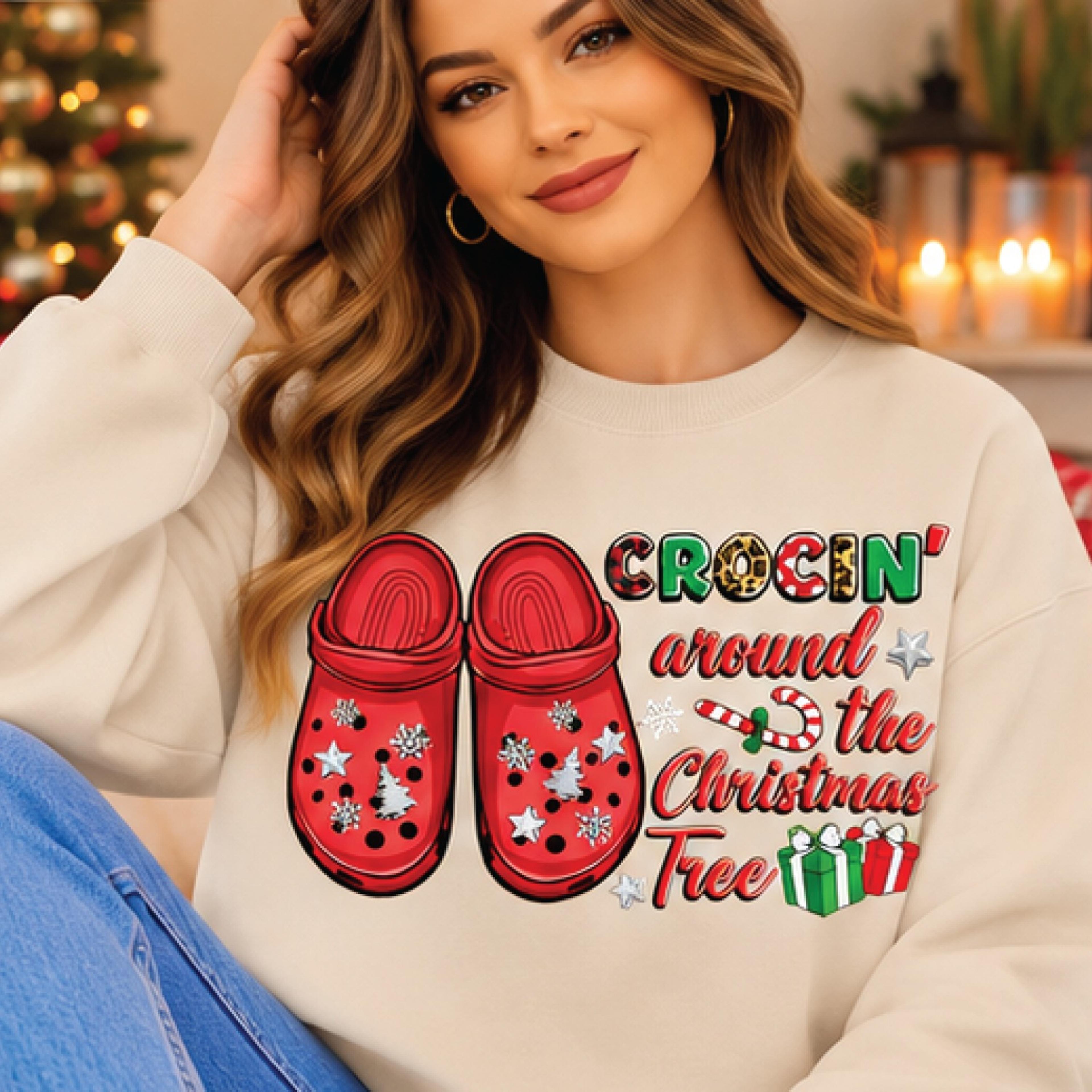crocin around the christmas tree sweatshirt, funny holiday crocs graphic pullover, festive christmas gift, unisex xmas
