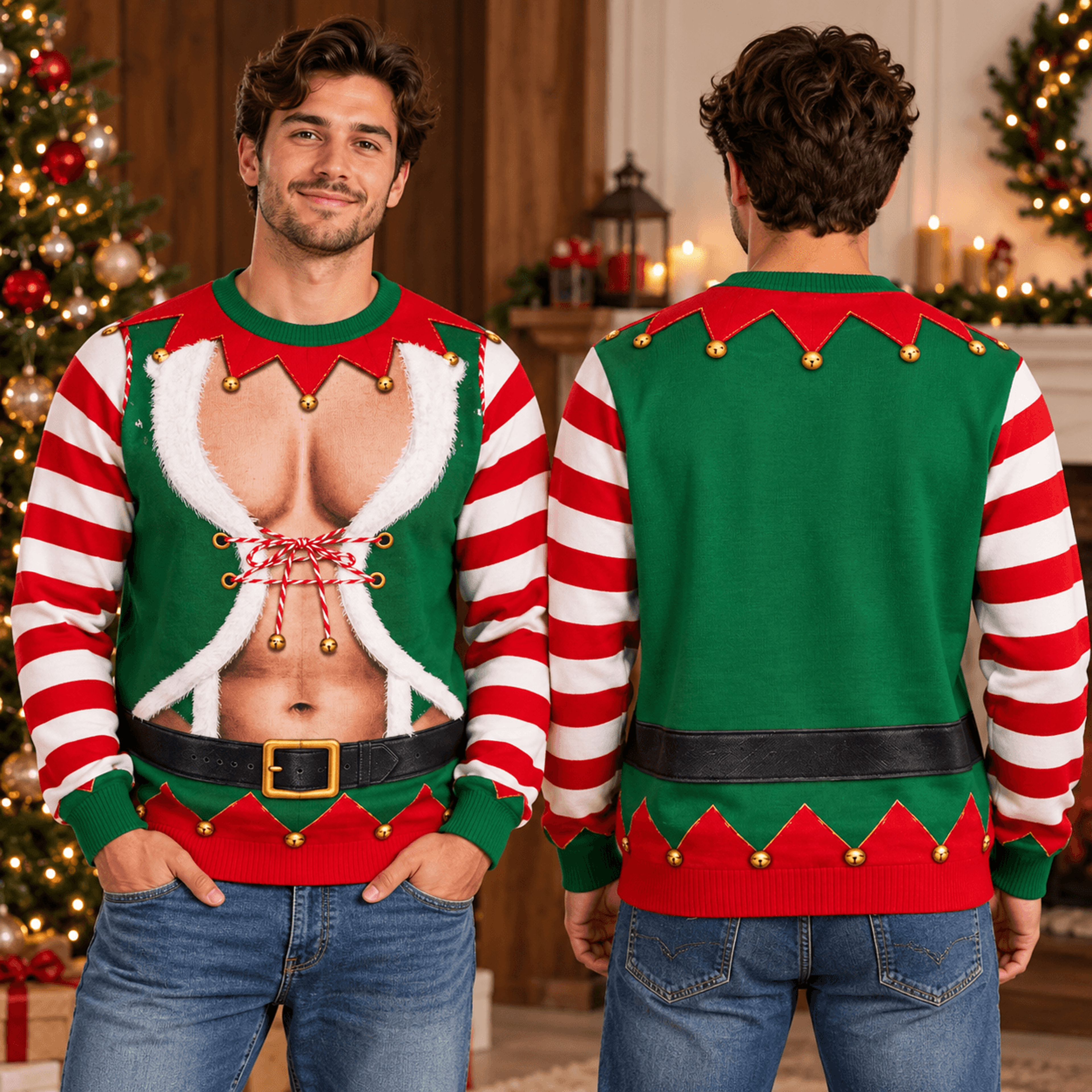 funny christmas elf sweatshirt, sexy elf abs illusion print, naughty holiday costume, adult unisex ugly xmas party gift