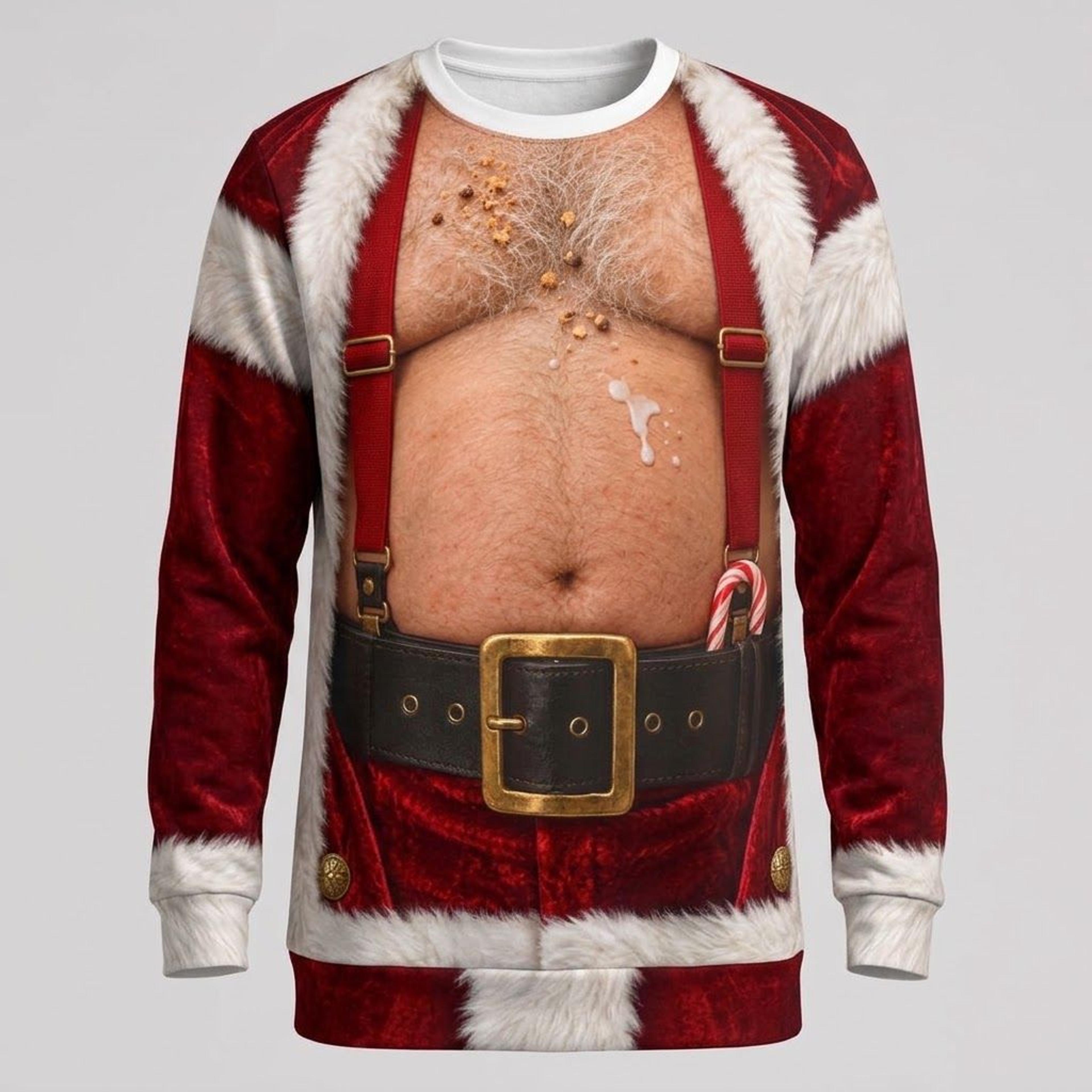 funny santa belly christmas sweatshirt, hairy chest dad bod illusion print, adult unisex ugly christmas party sweatshirt