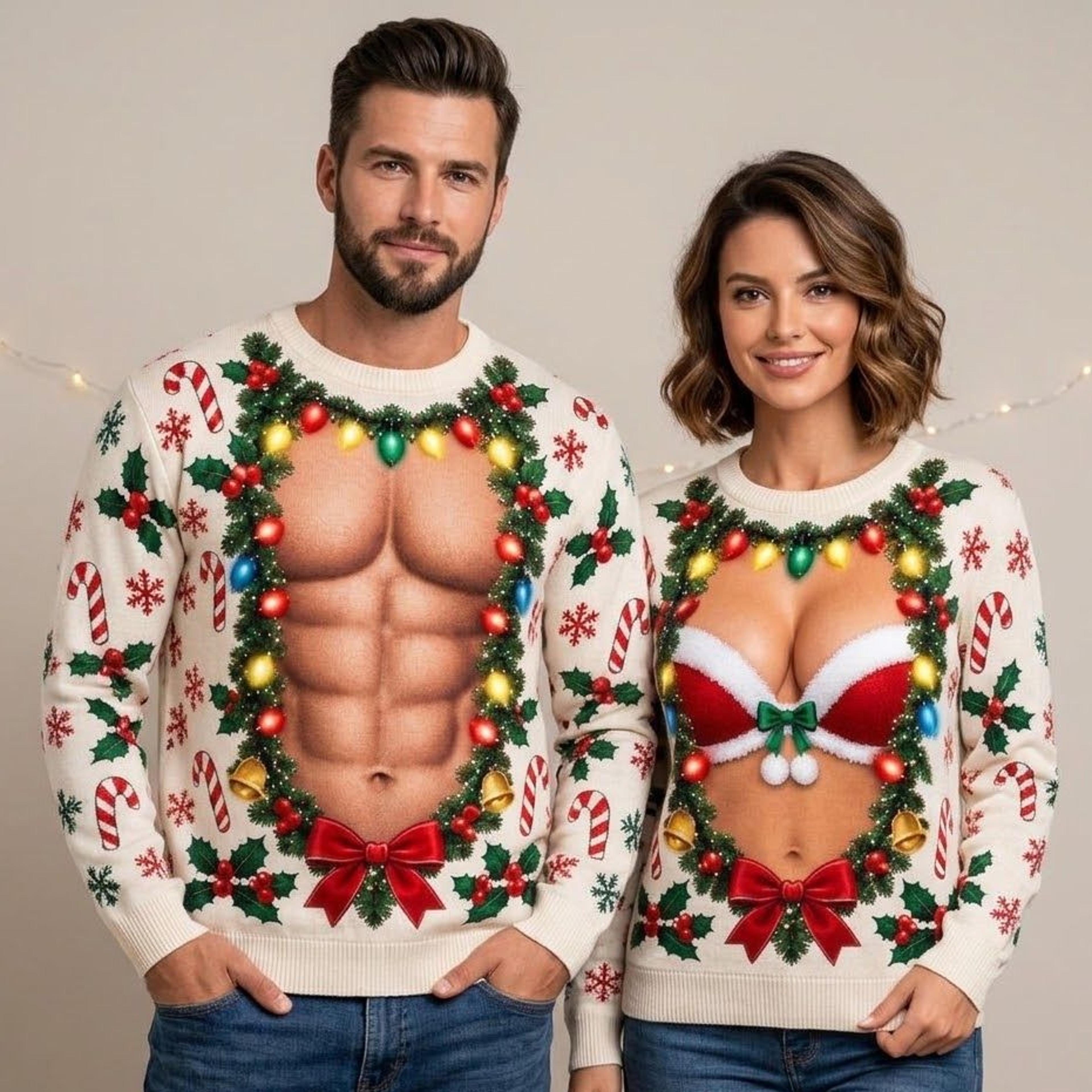matching christmas couple sweatshirts, funny santa abs and cleavage illusion print, unisex holiday party gift for adults