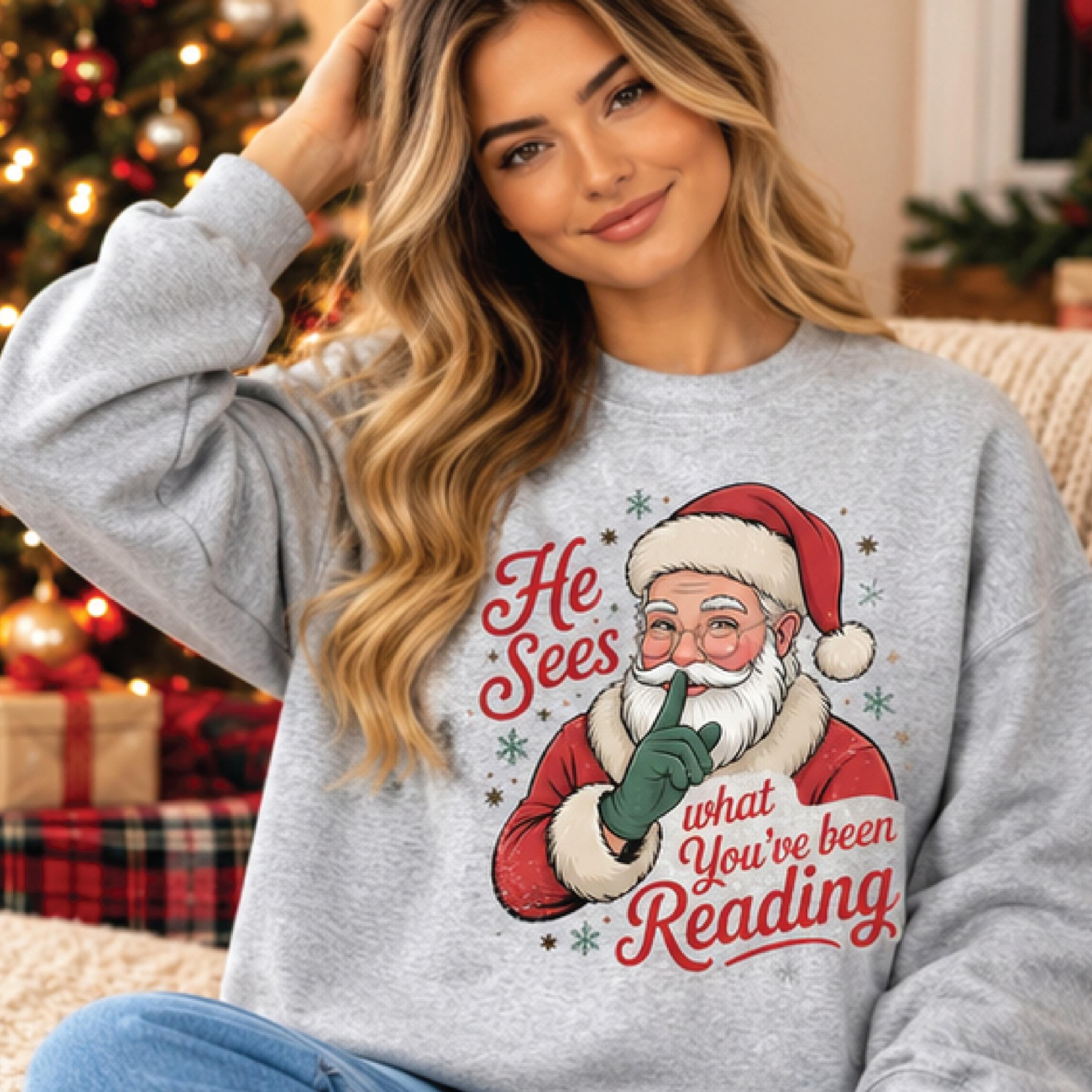 funny santa christmas sweatshirt, he sees what you've been redding holiday sweatshirt, retro santa graphic unisex gift