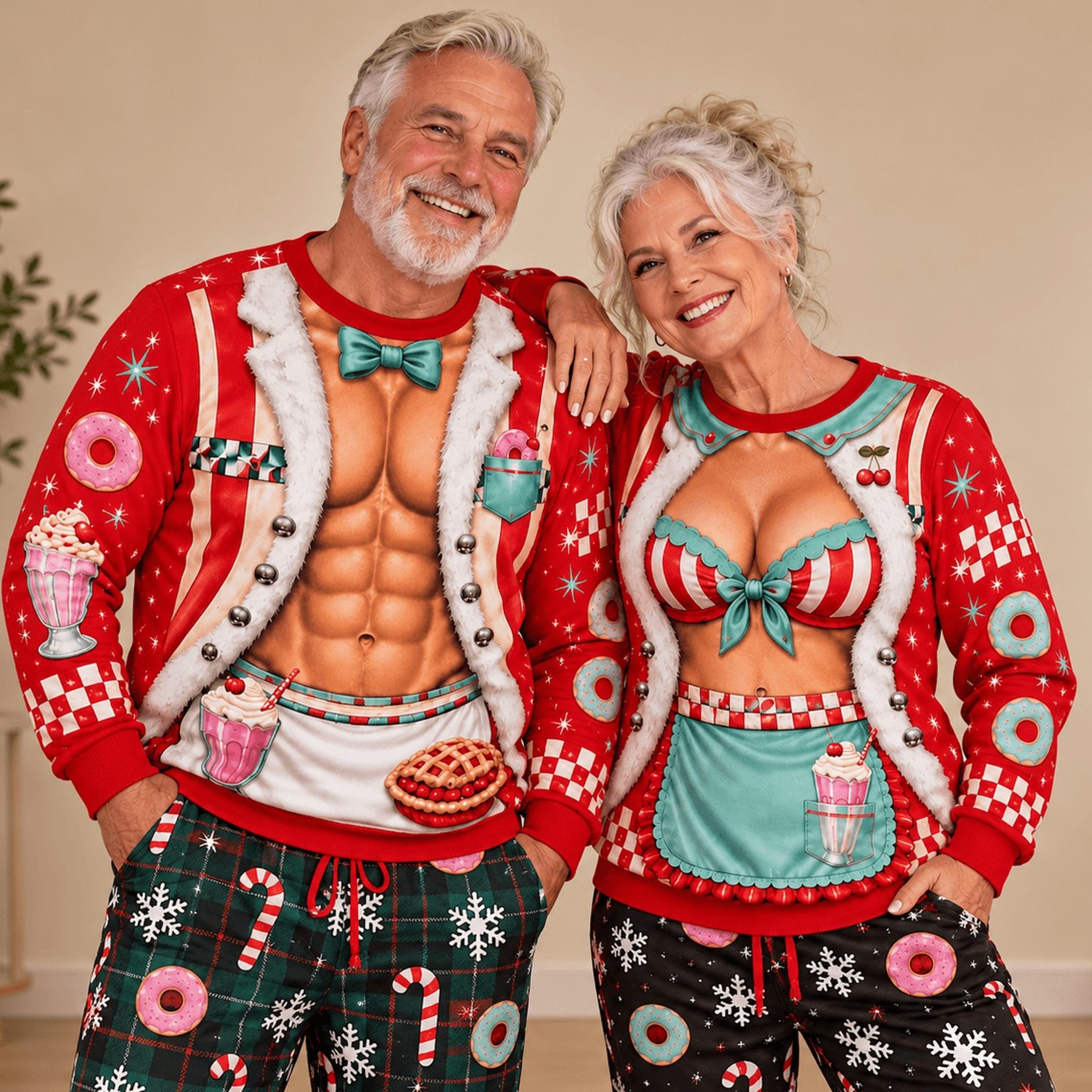 funny christmas couple sweatshirt, naughty santa abs and mrs claus graphic, matching holiday party sweatshirts for adult