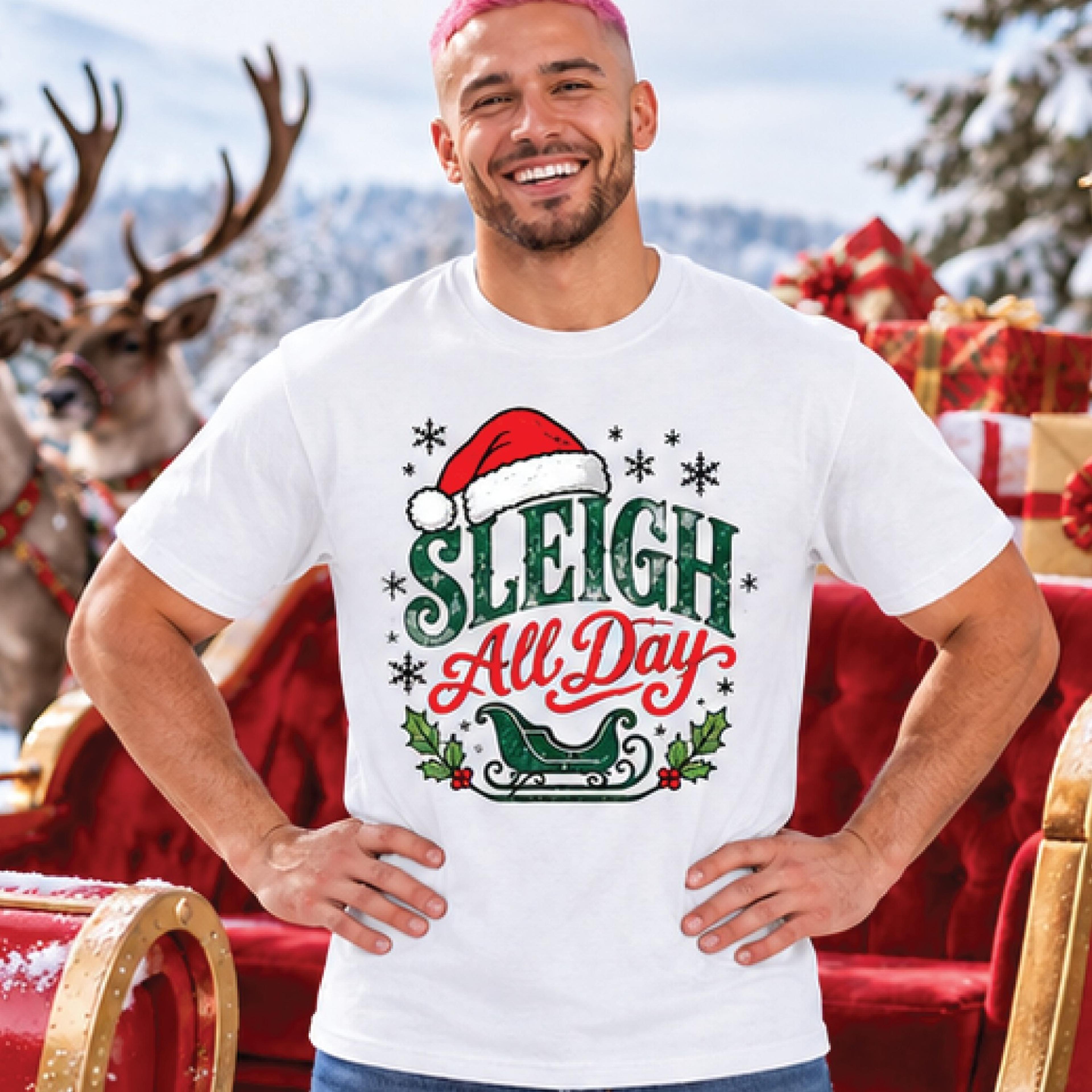 sleigh all day christmas t-shirt, funny santa sleigh holiday graphic tee, retro festive christmas shirt, unisex adult