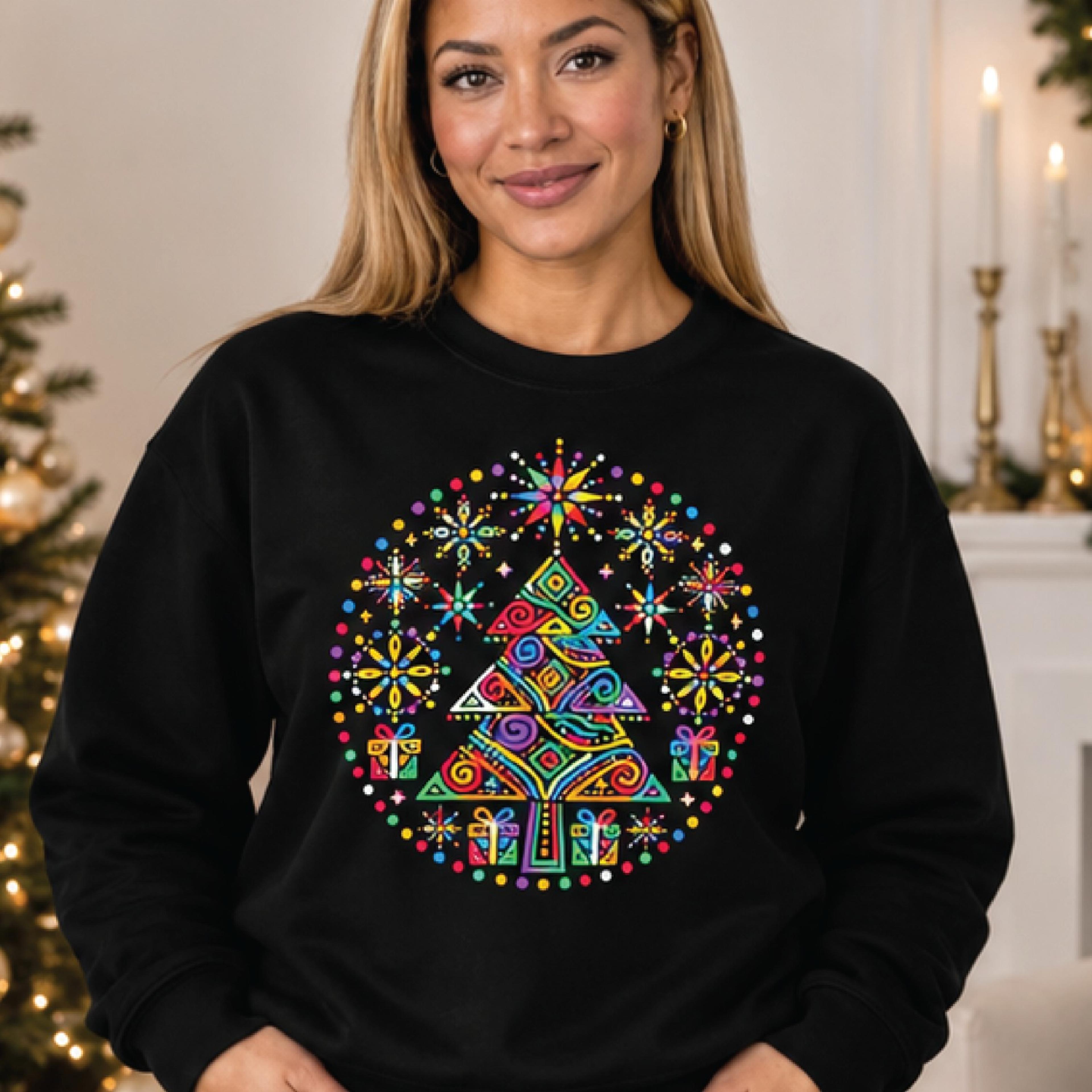 colorful christmas tree sweatshirt, whimsical holiday tree graphic crewneck, festive geometric xmas gift, unisex adult