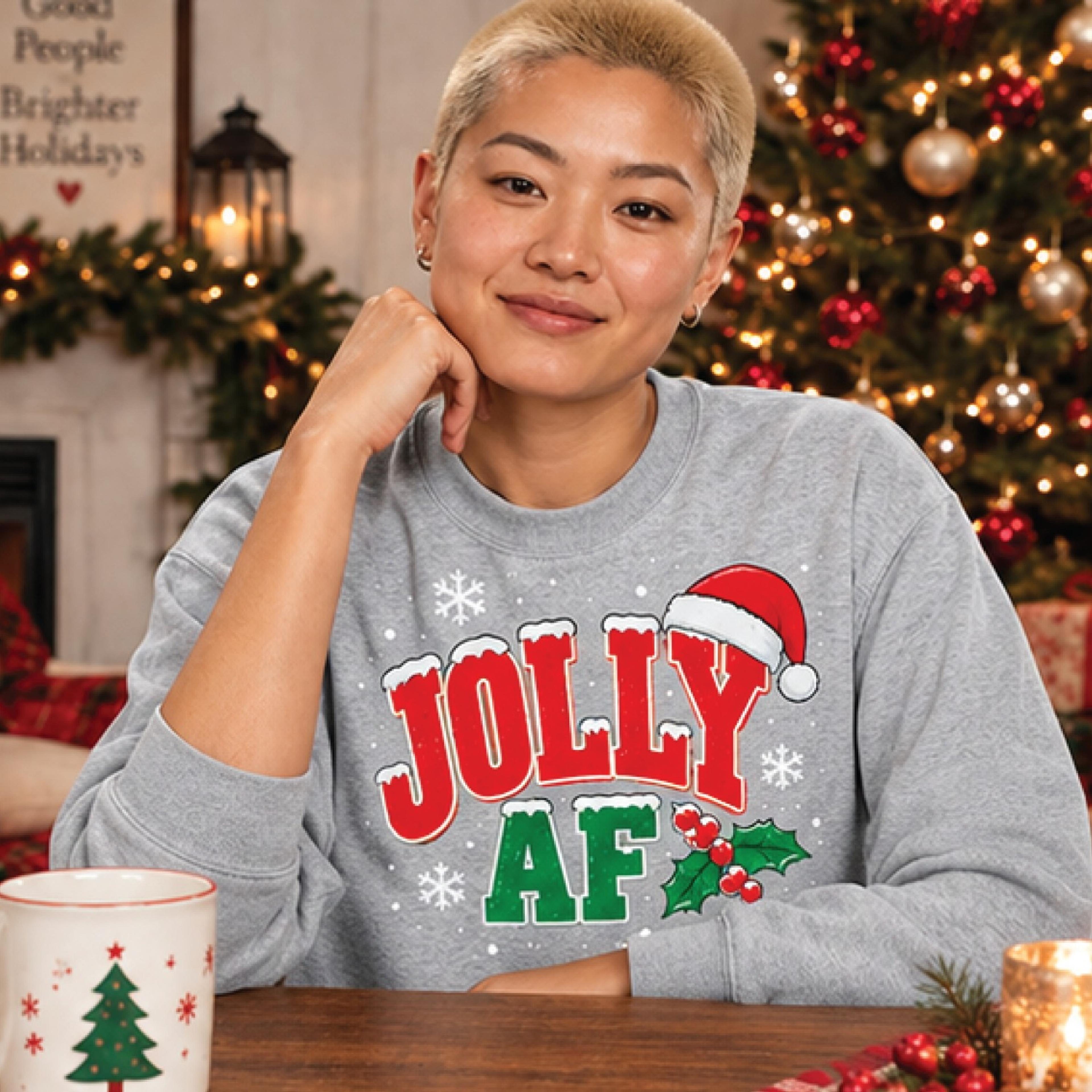 jolly af christmas sweatshirt, funny santa hat holiday graphic crewneck, sassy festive xmas gift, unisex adult