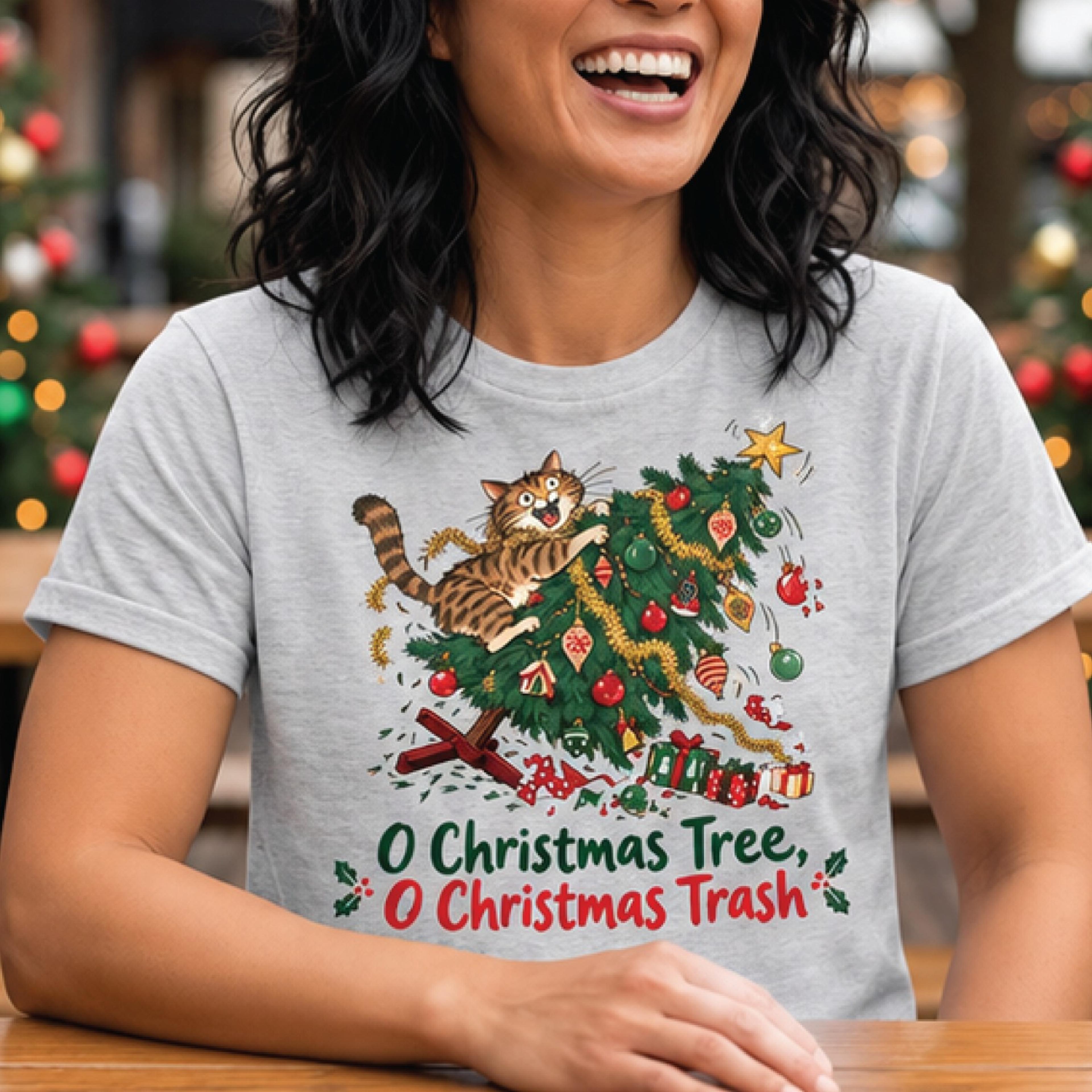 o christmas tree o christmas trash sweatshirt, funny cat christmas graphic, cat lover holiday gift, unisex adult xmas