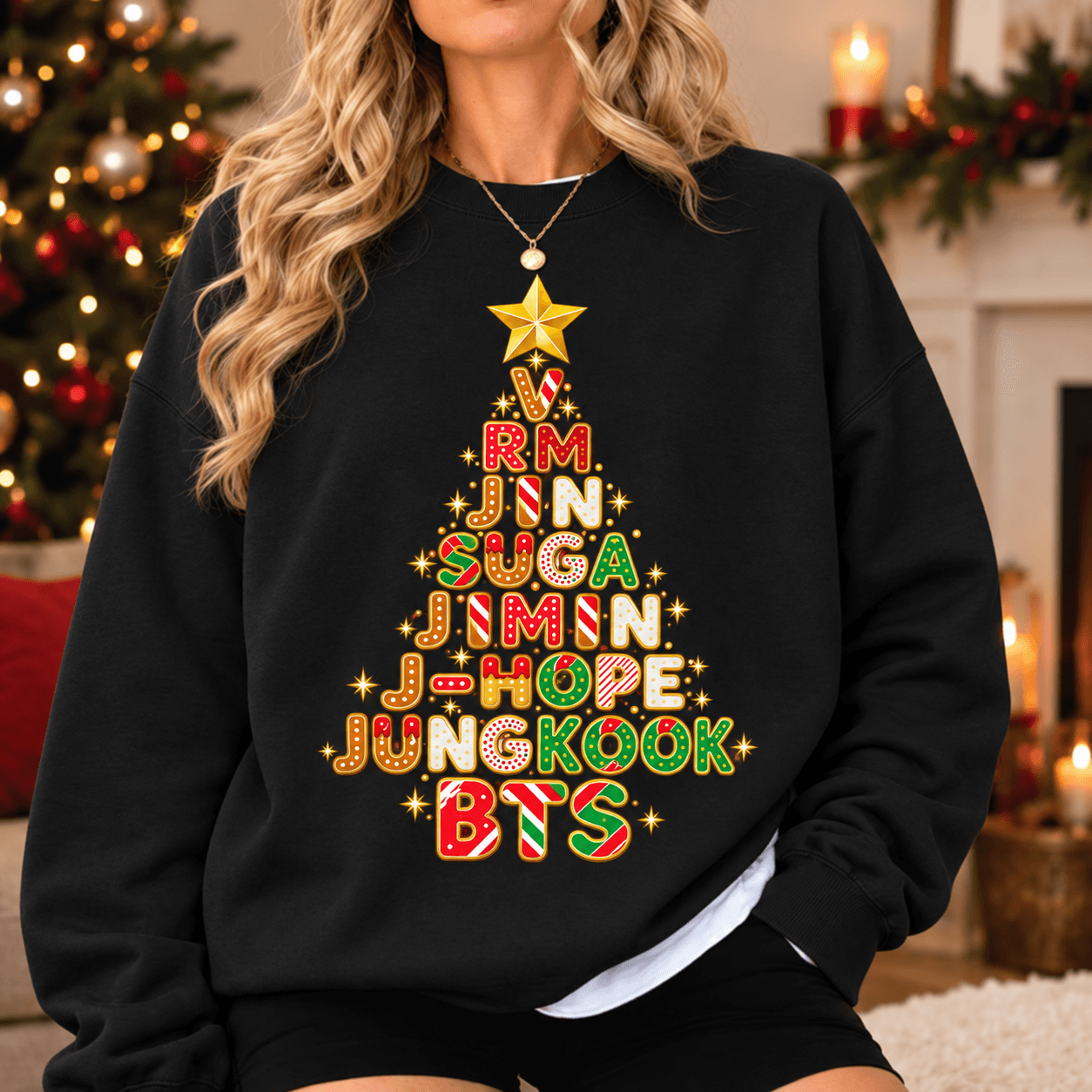 bts christmas sweatshirt, kpop bangtan boys holiday tree graphic, jungkook jimin v rm jin suga j hope, unisex fan gift