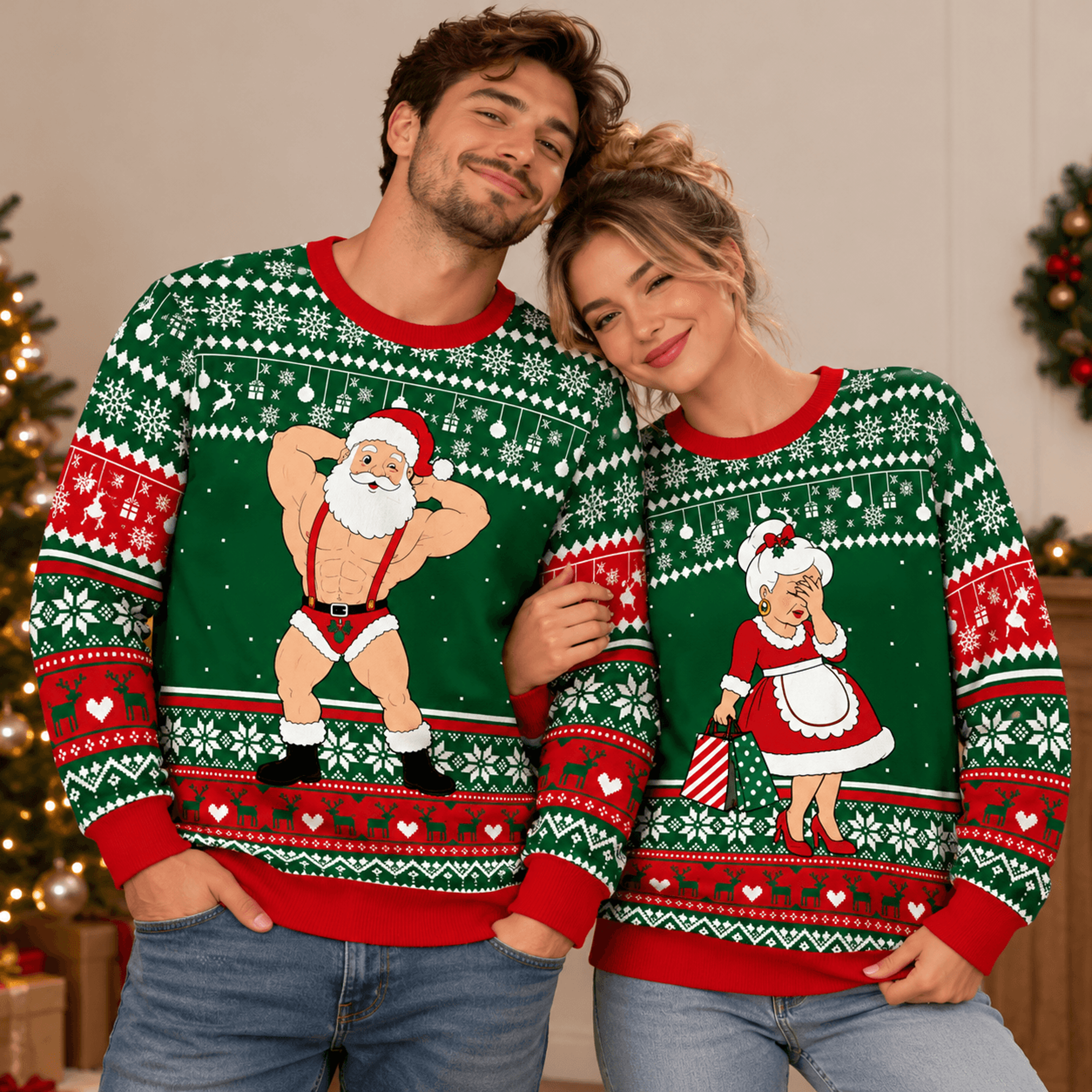 funny santa and mrs claus couples christmas sweatshirt, matching his and hers ugly xmas sweatshirts, holiday couple gift