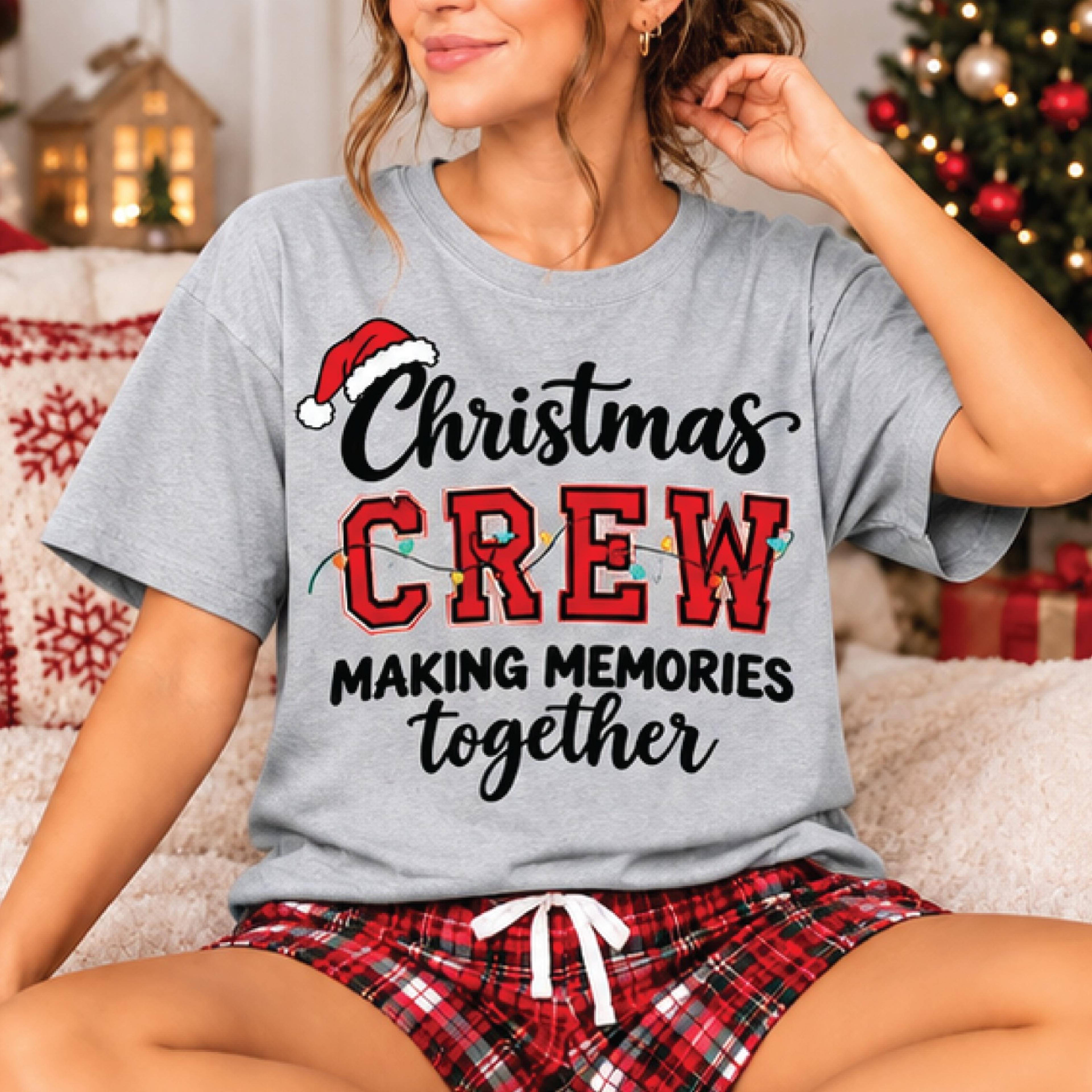 christmas crew sweatshirt, making memories together holiday graphic, festive santa hat and christmas lights, unisex adul