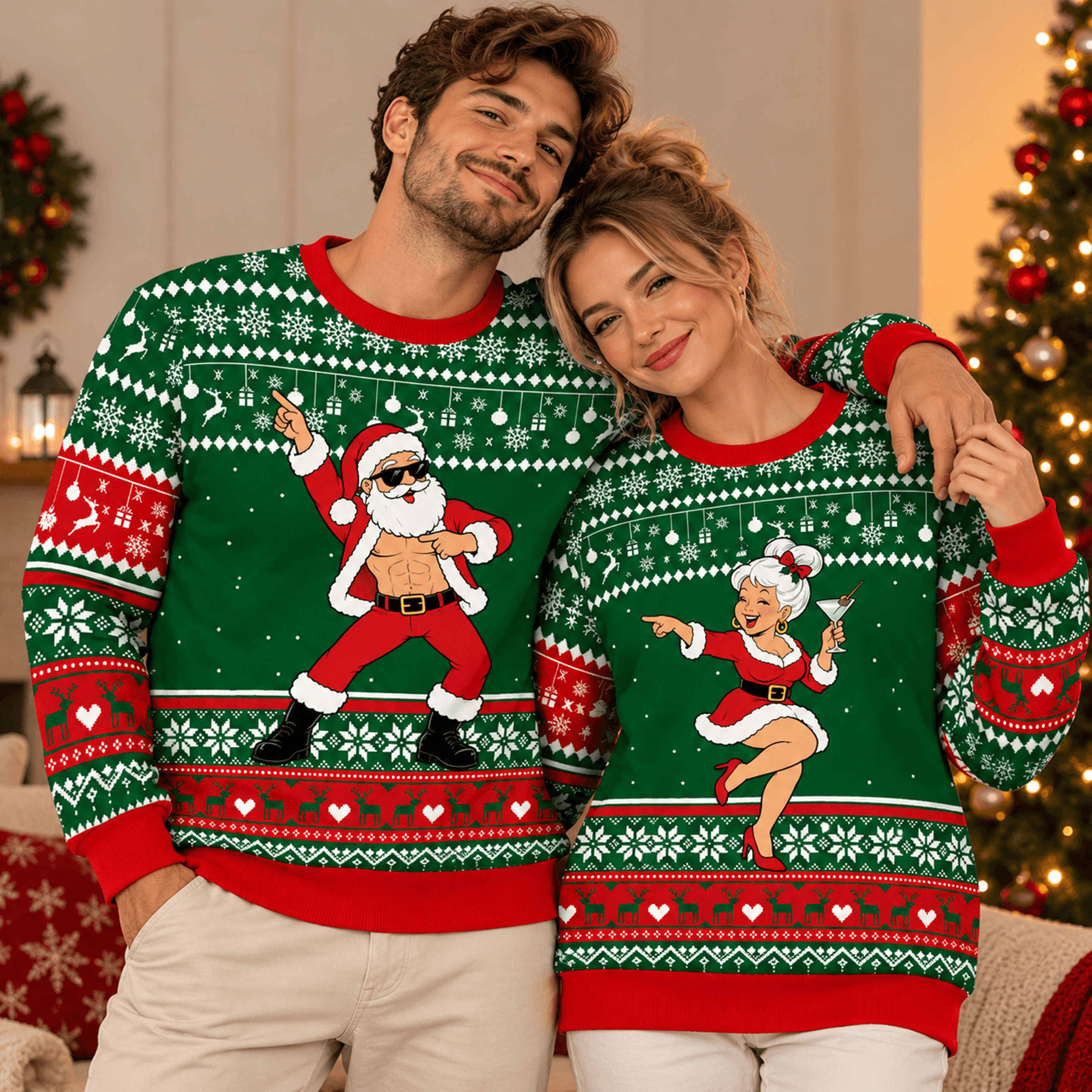 dancing santa and mrs claus couples christmas sweatshirt, funny matching his and hers ugly xmas sweatshirts, holiday