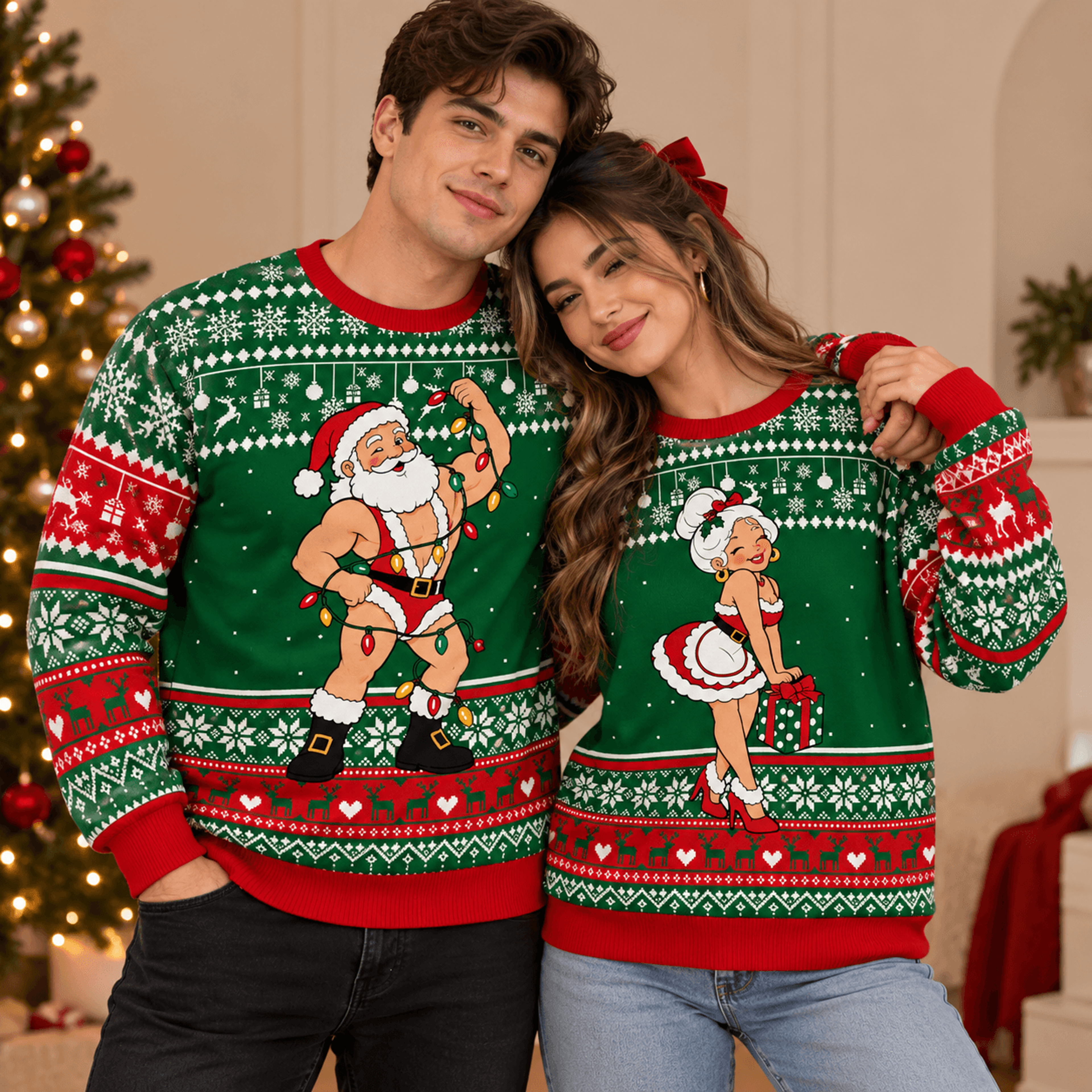 funny santa and mrs claus matching christmas sweatshirts, couples ugly xmas sweater, festive holiday his and hers gift