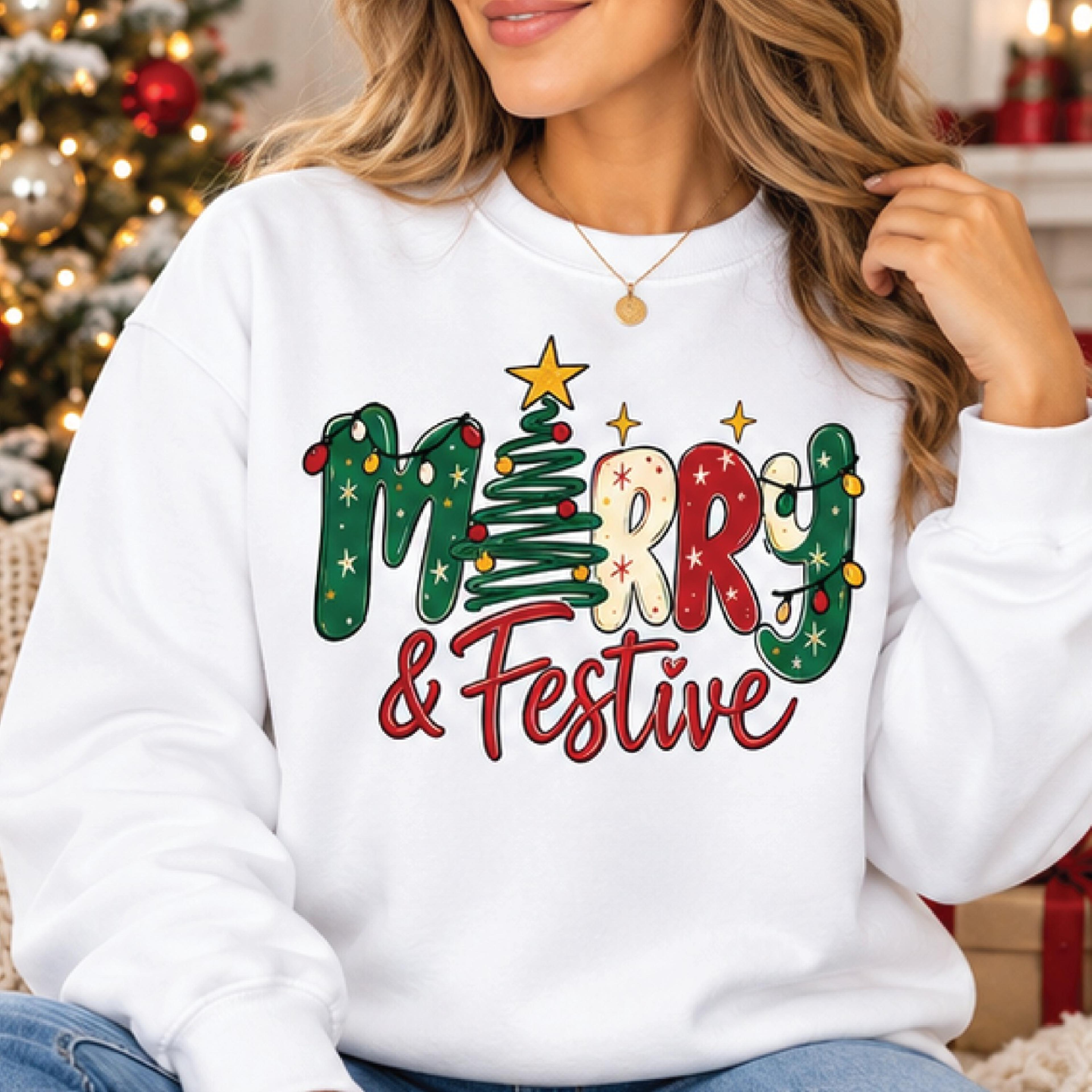merry and festive christmas sweatshirt, cute christmas tree lettering graphic, holiday lights design, unisex adult xmas