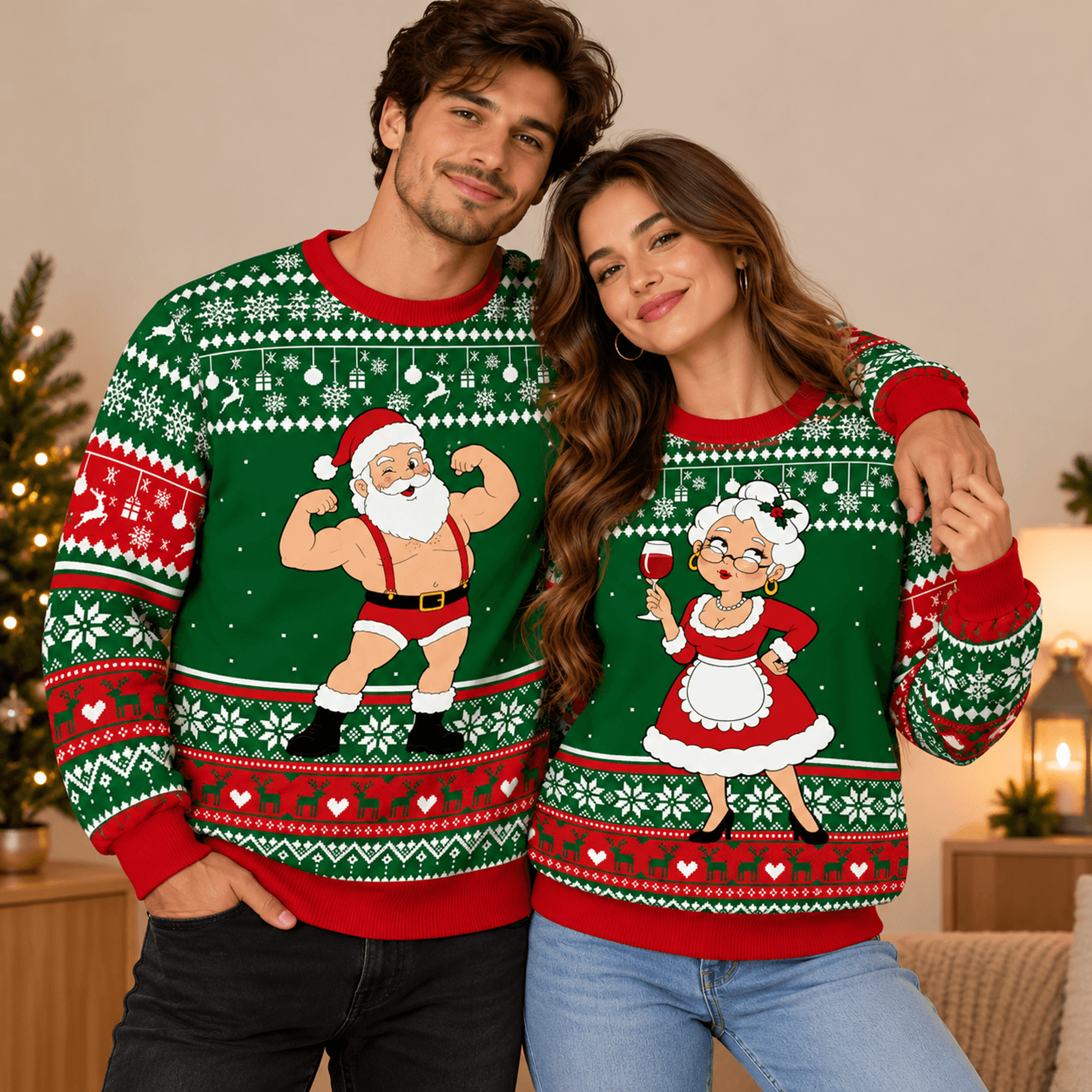 funny santa and mrs claus matching christmas sweatshirts, strong santa couple ugly xmas sweater, his and hers holiday