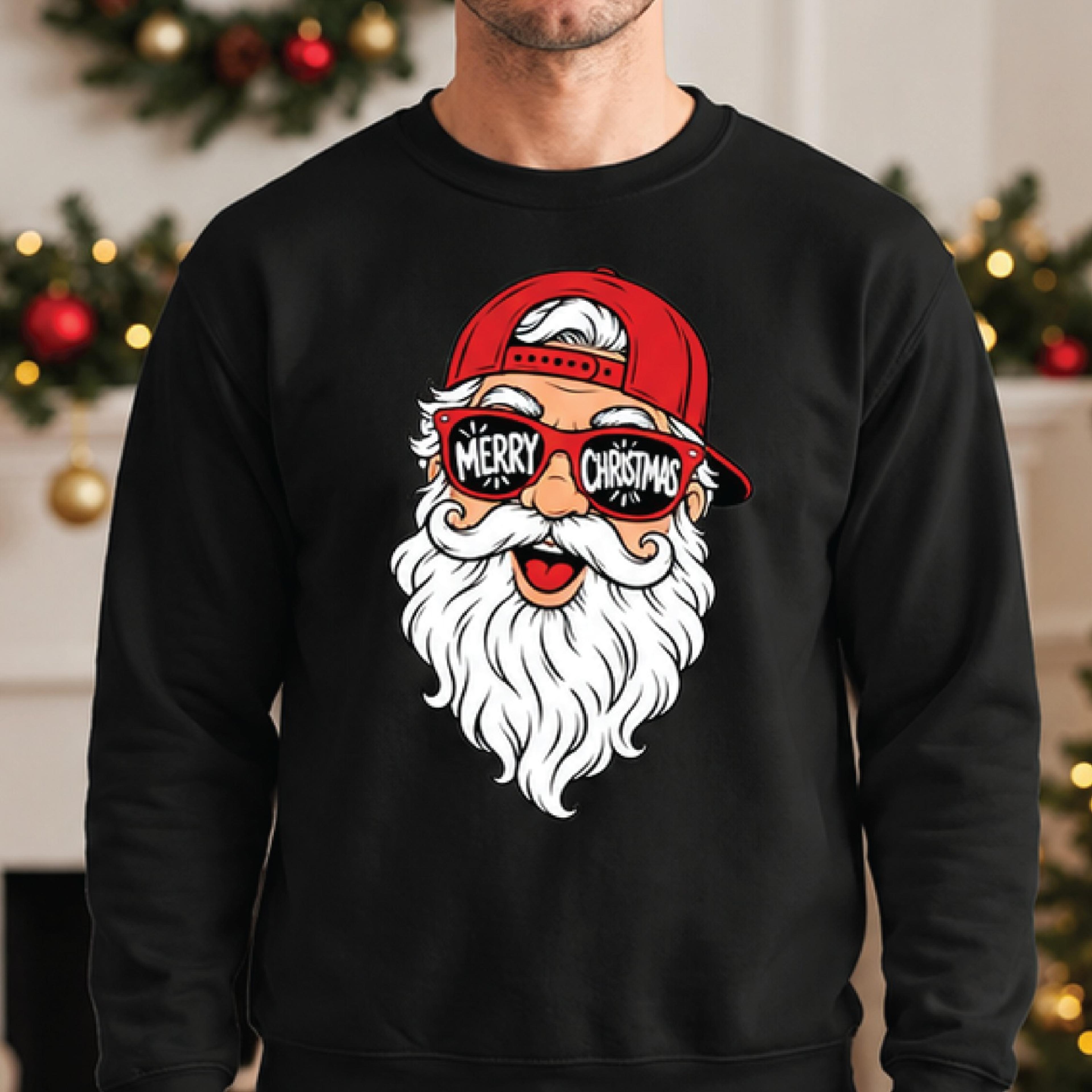 cool santa claus christmas sweatshirt, merry christmas sunglasses santa graphic, funny hip hop santa holiday sweatshirt