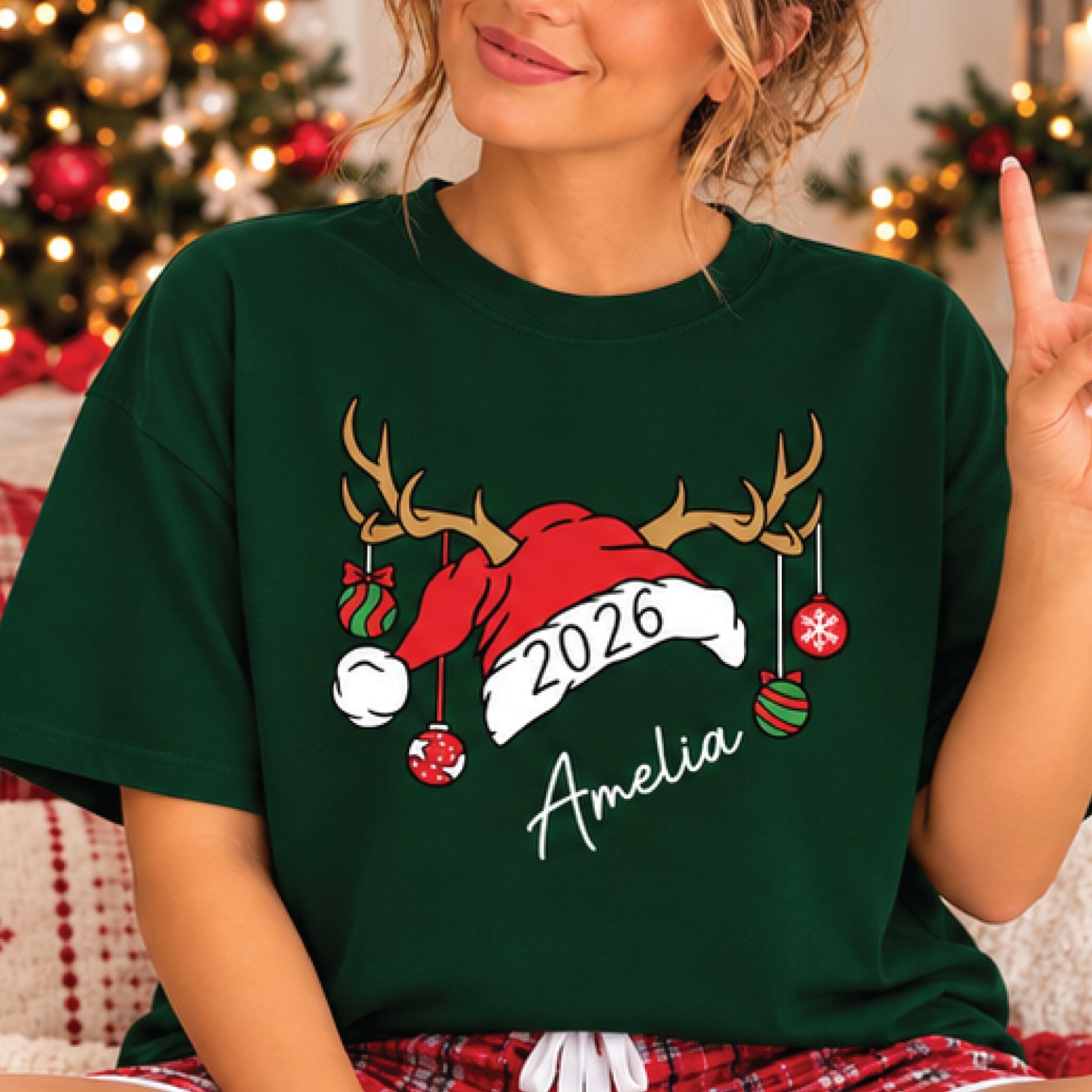 personalized christmas sweatshirt, custom name reindeer santa hat holiday sweatshirt, christmas 2026 gift for adults