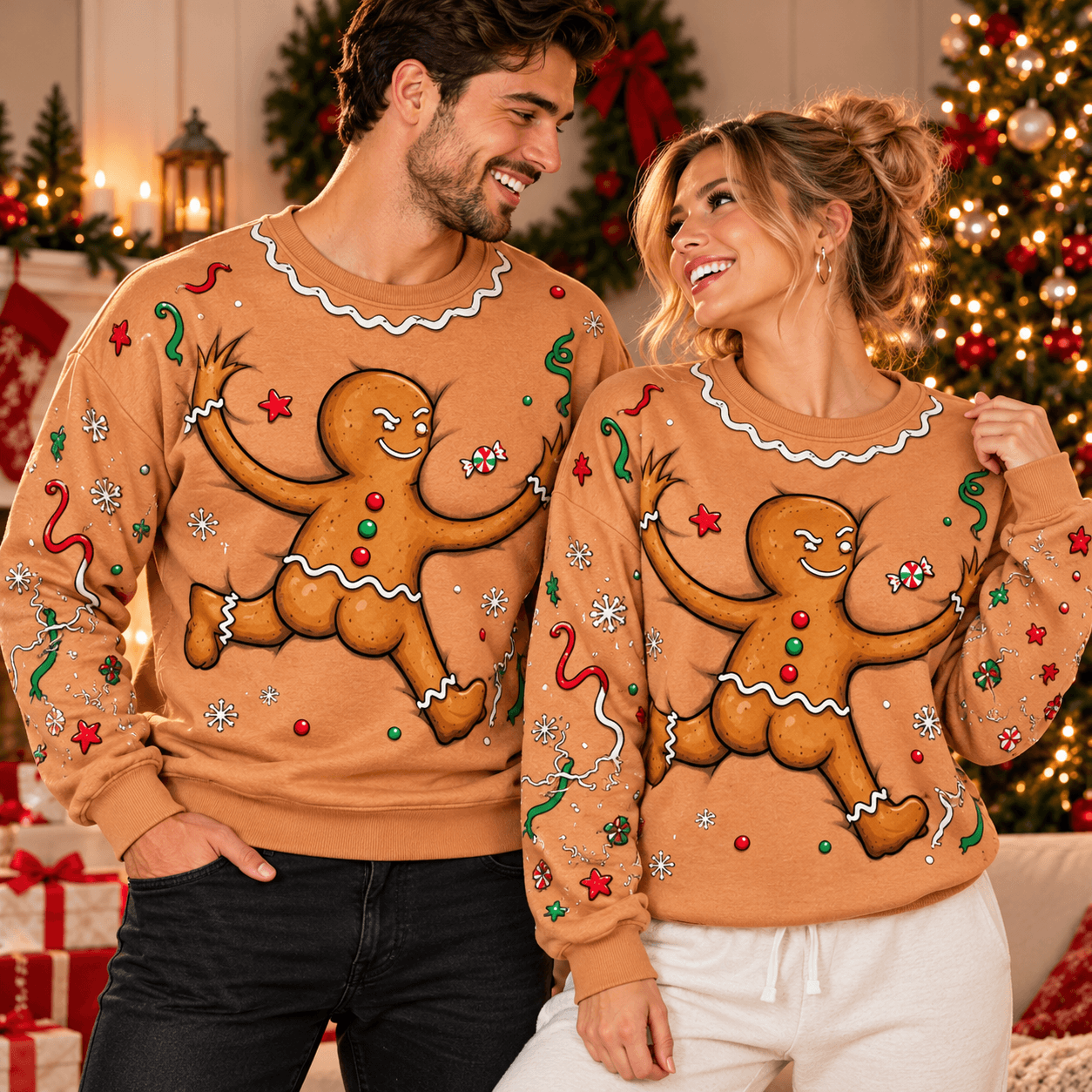 funny gingerbread man christmas sweatshirt, naughty gingerbread cookie graphic, matching couples holiday sweatshirt