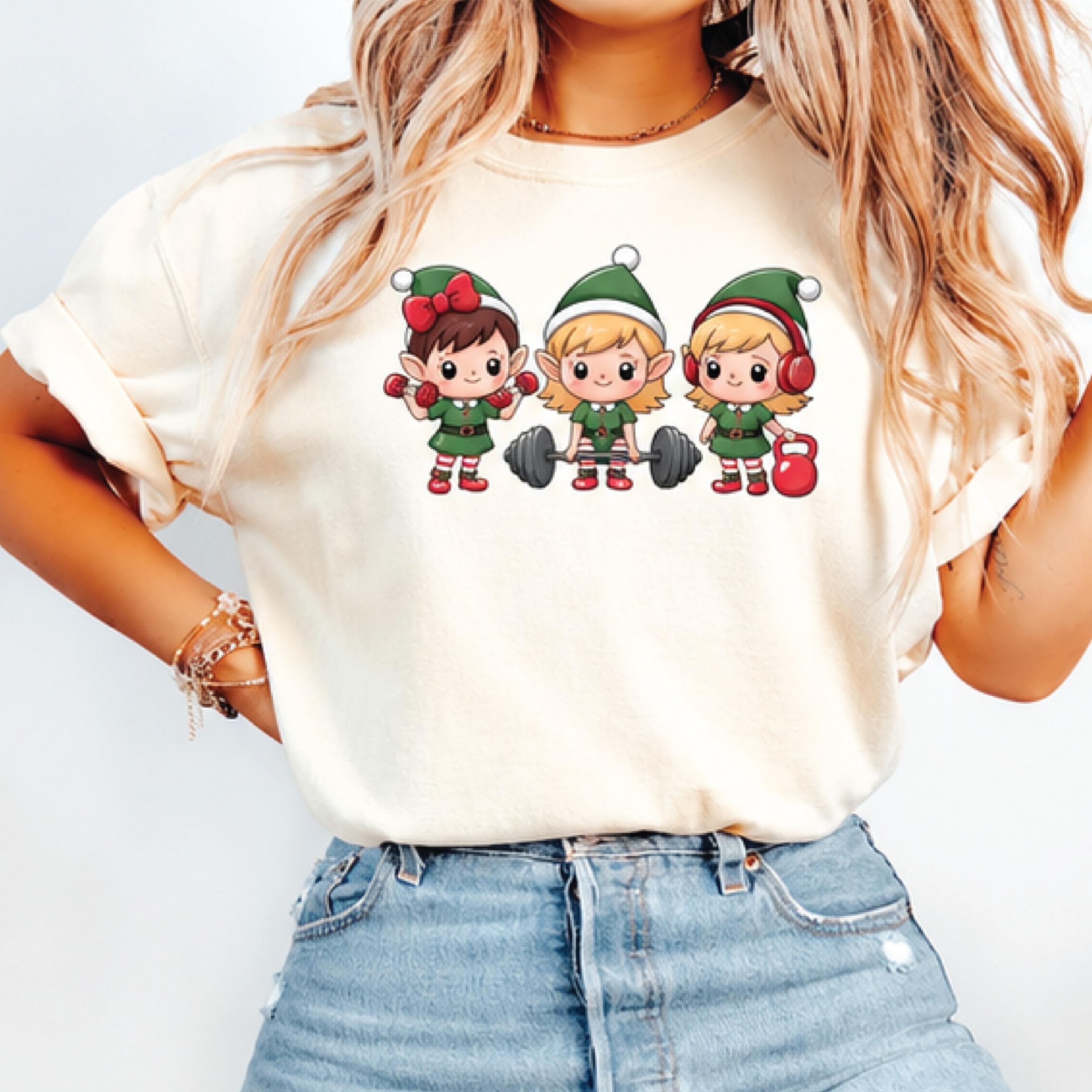 christmas workout elves sweatshirt, cute gym fitness elf design, holiday weightlifting sweatshirt, unisex gym lover gift