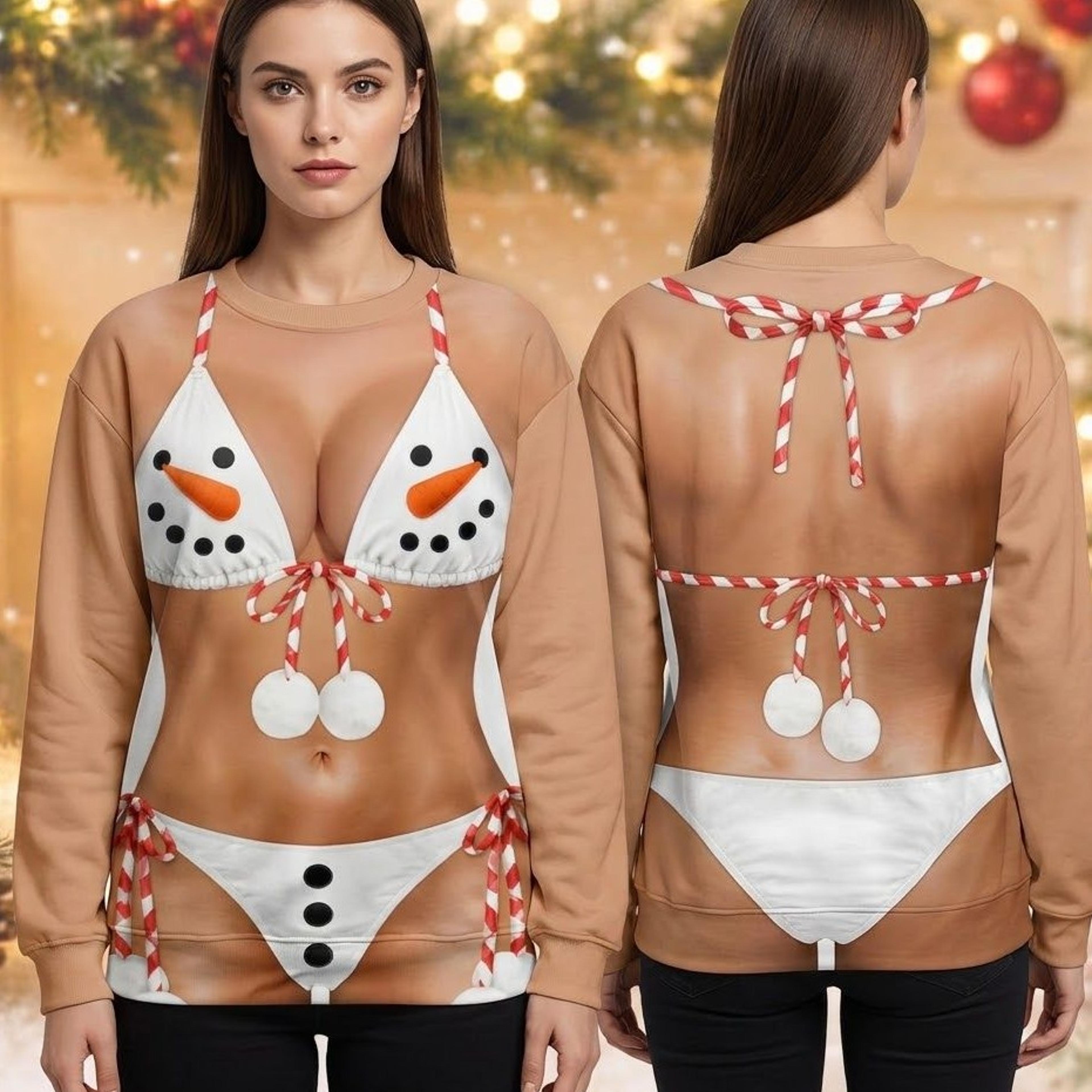 funny snowman bikini christmas sweatshirt, naughty holiday illusion graphic, adult unisex ugly christmas party