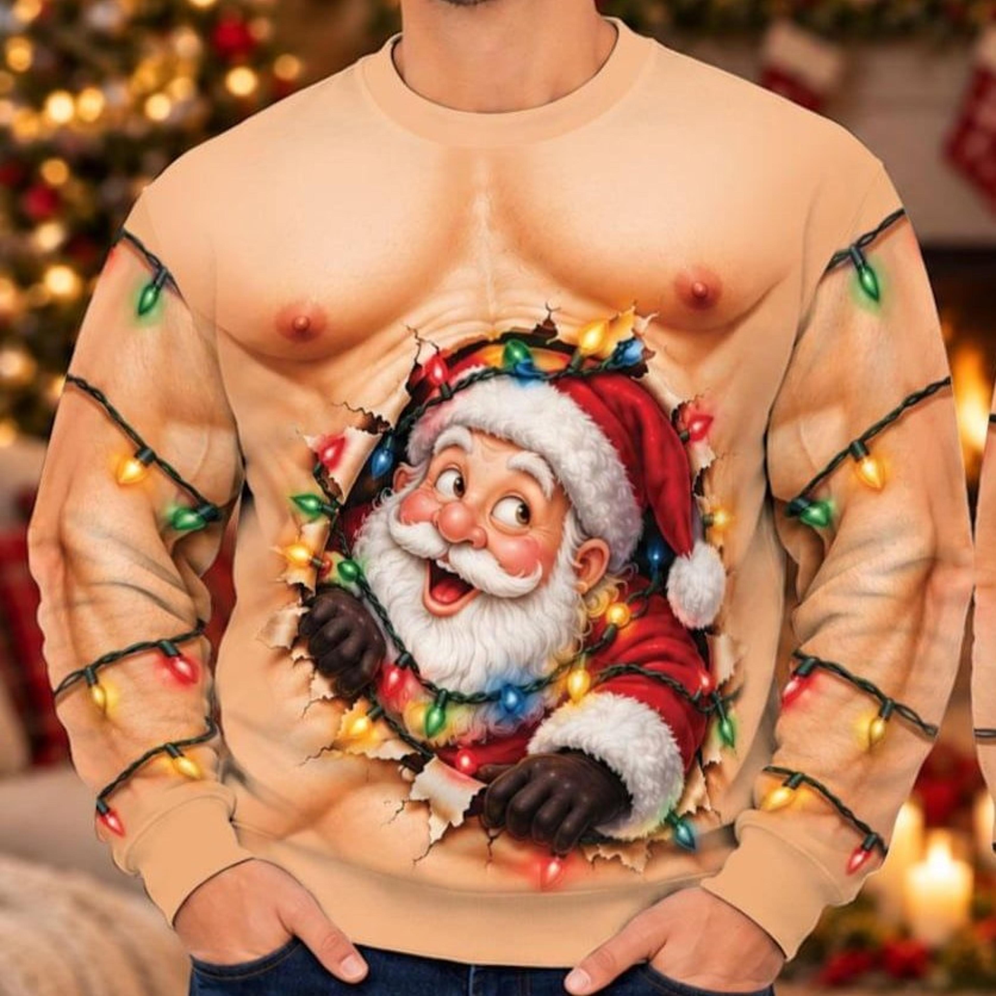 funny santa stuck in chimney christmas sweatshirt, 3d santa butt front and back print, unisex adult ugly xmas party gift