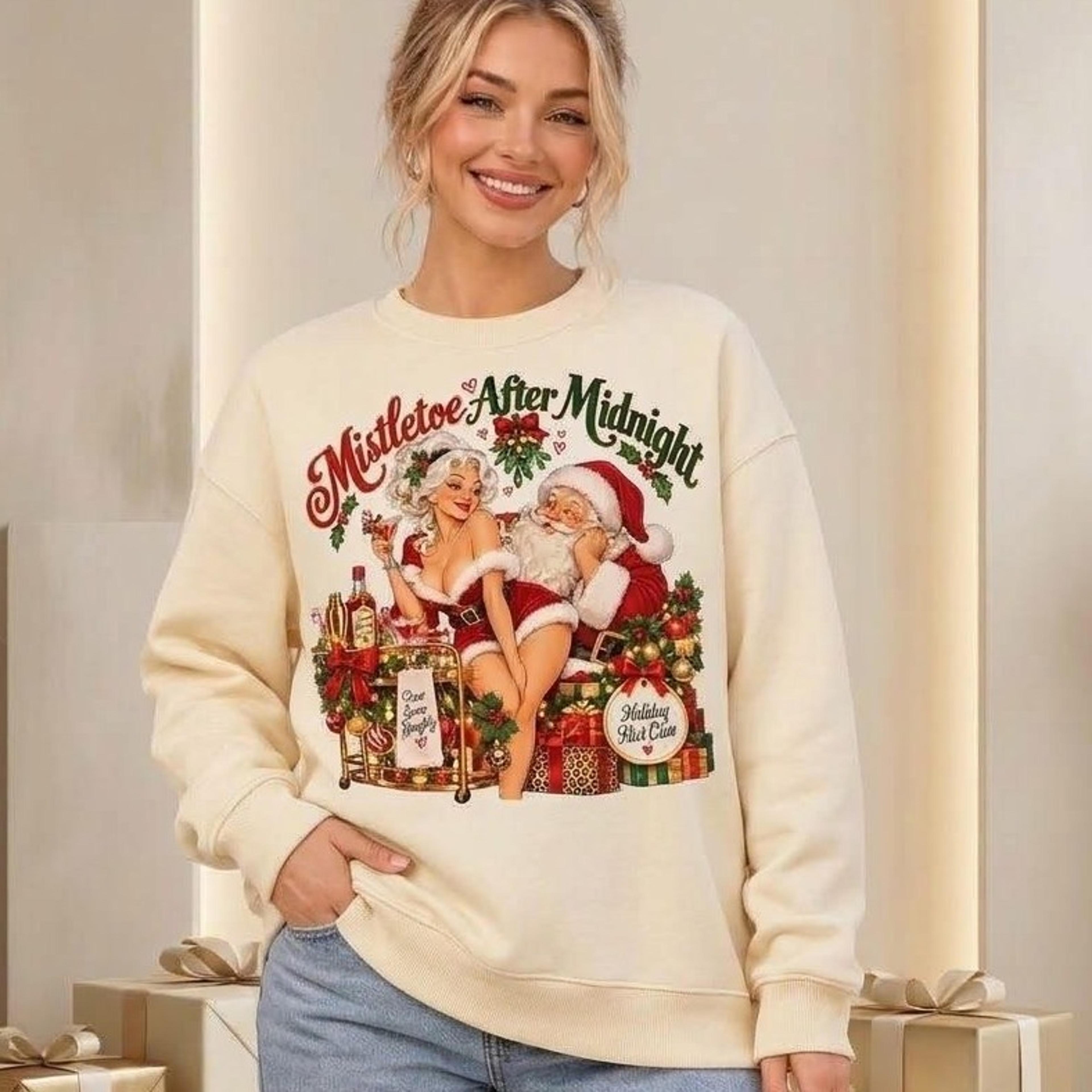 mistletoe after midnight christmas sweatshirt, vintage santa pin up girl holiday graphic, funny adult unisex xmas party