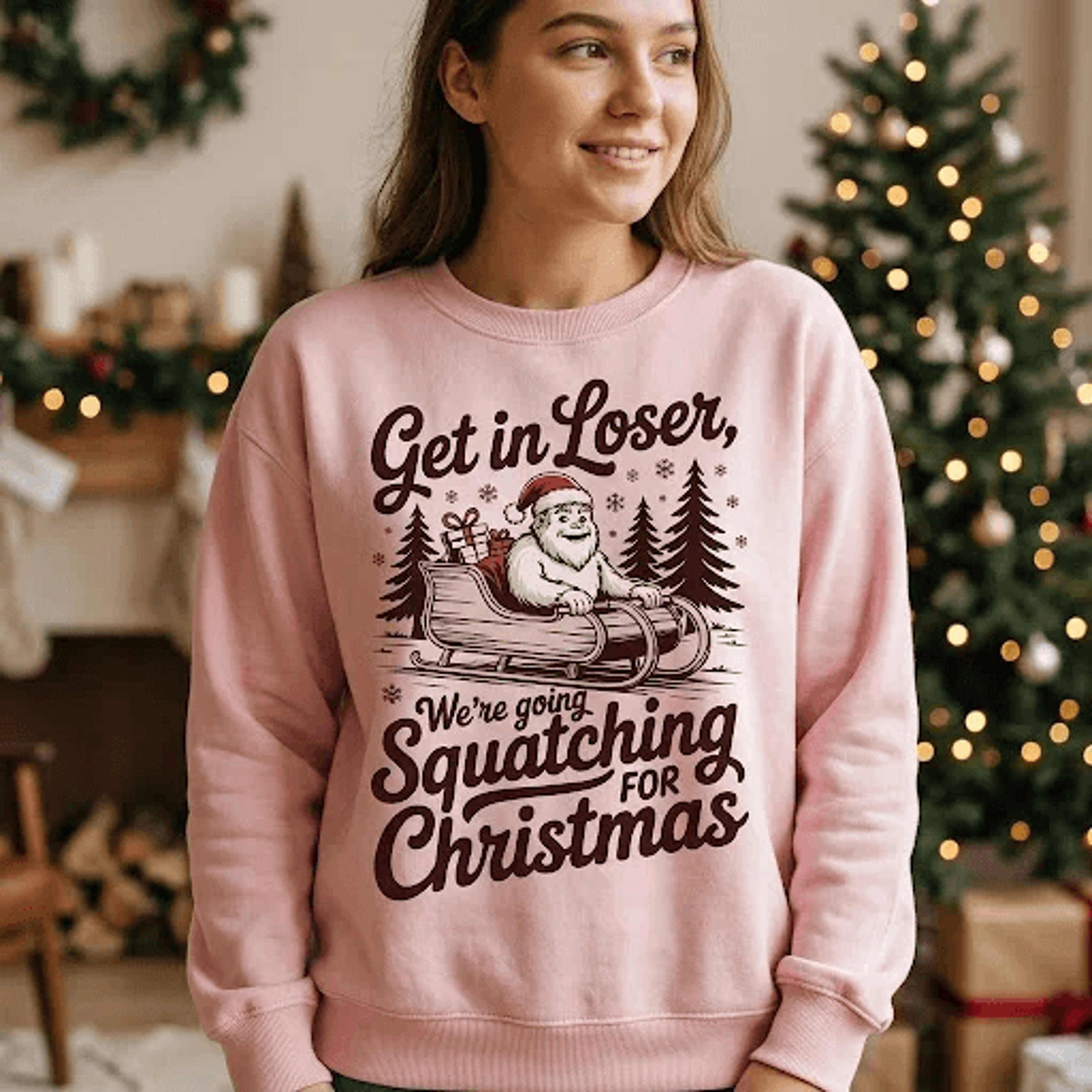 get in loser we're going squatching for christmas sweatshirt, funny bigfoot santa sleigh holiday gift, unisex christmas