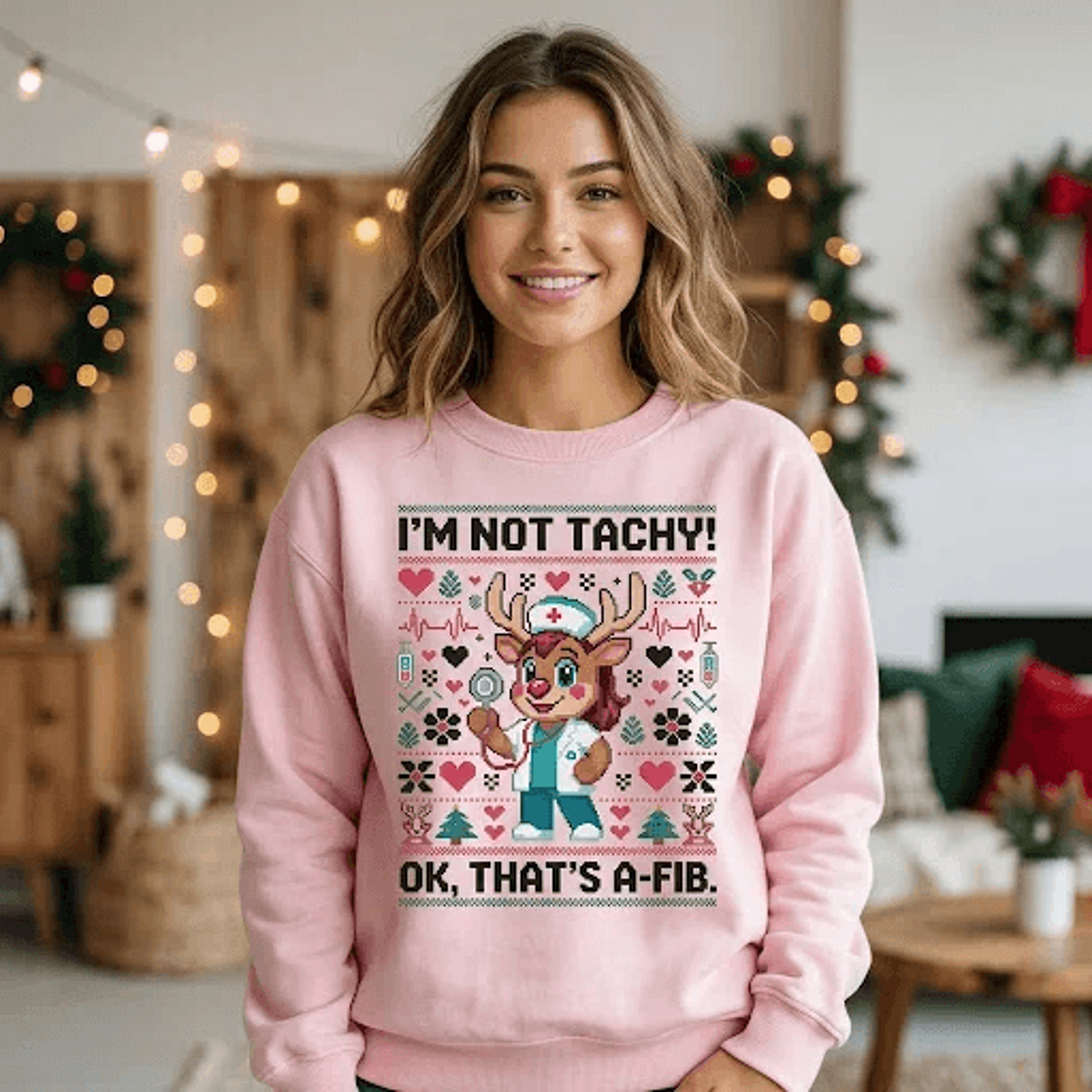 i'm not tachy ok that's a-fib christmas sweatshirt, funny cardiac nurse reindeer holiday gift, unisex medical sweatshirt