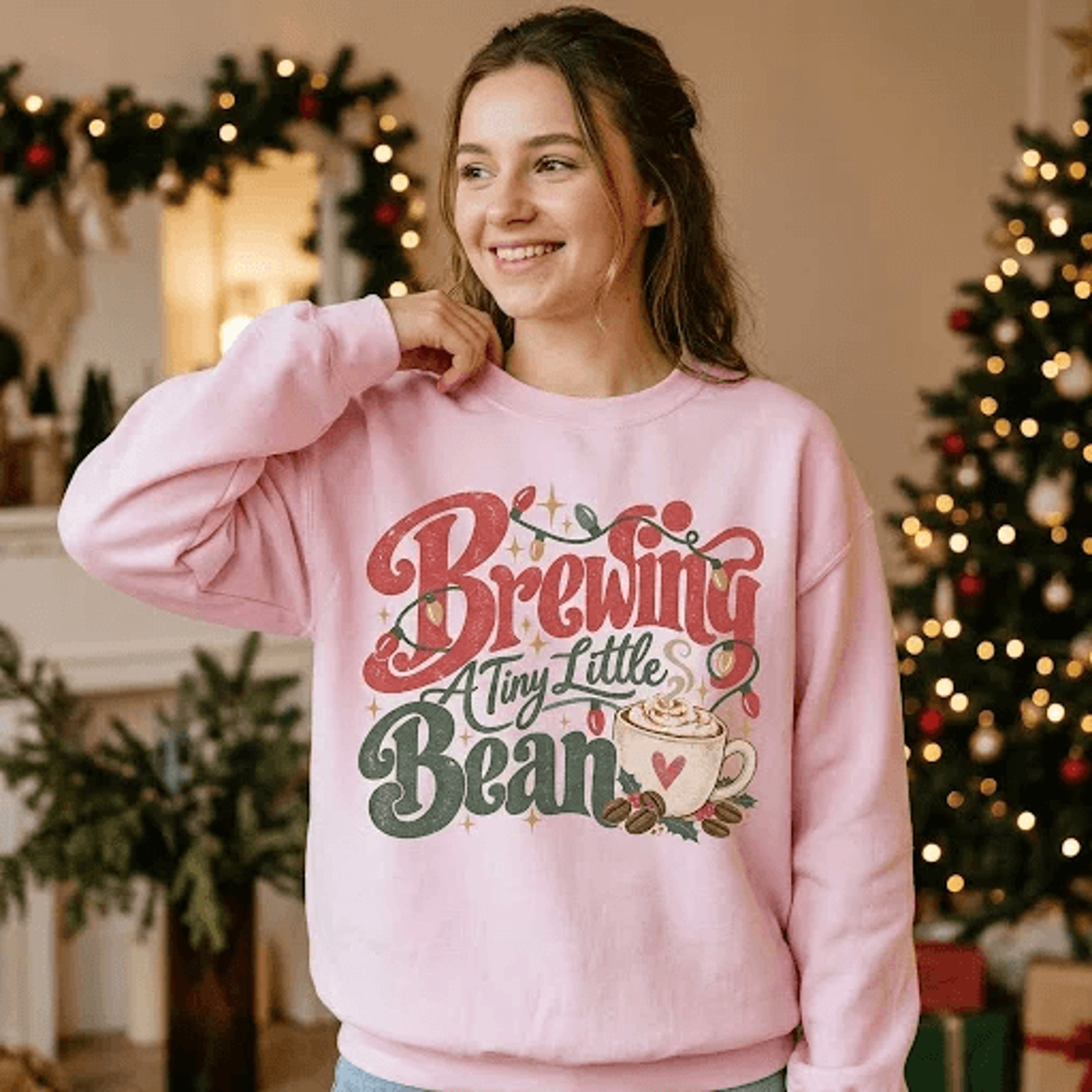 Brewing A Tiny Little Bean Christmas Sweatshirt Cute Pregnancy Announcement Retro Coffee Mom To Be  1