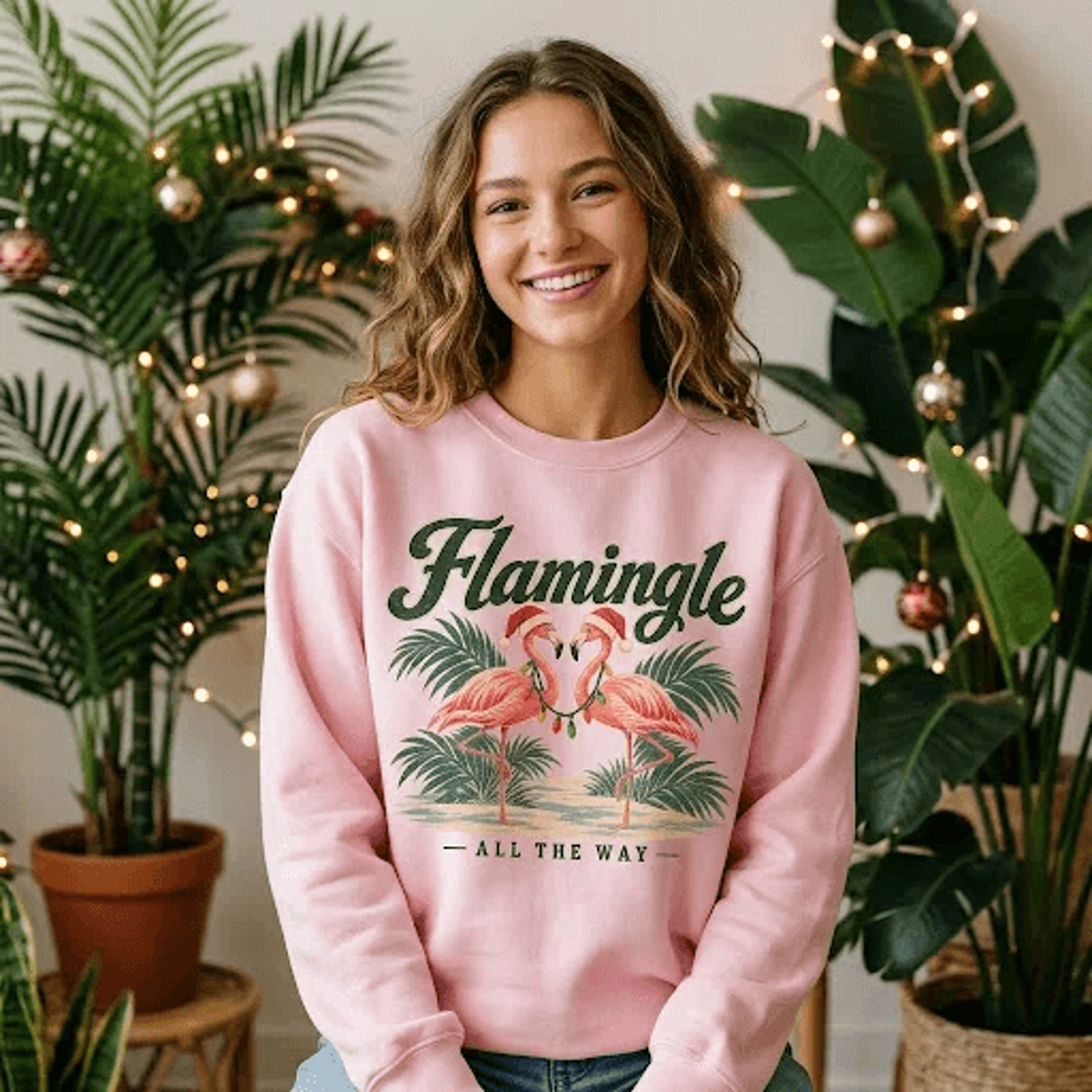 Flamingle All The Way Christmas Sweatshirt Funny Flamingo Holiday Sweatshirt Tropical Christmas Gif 2