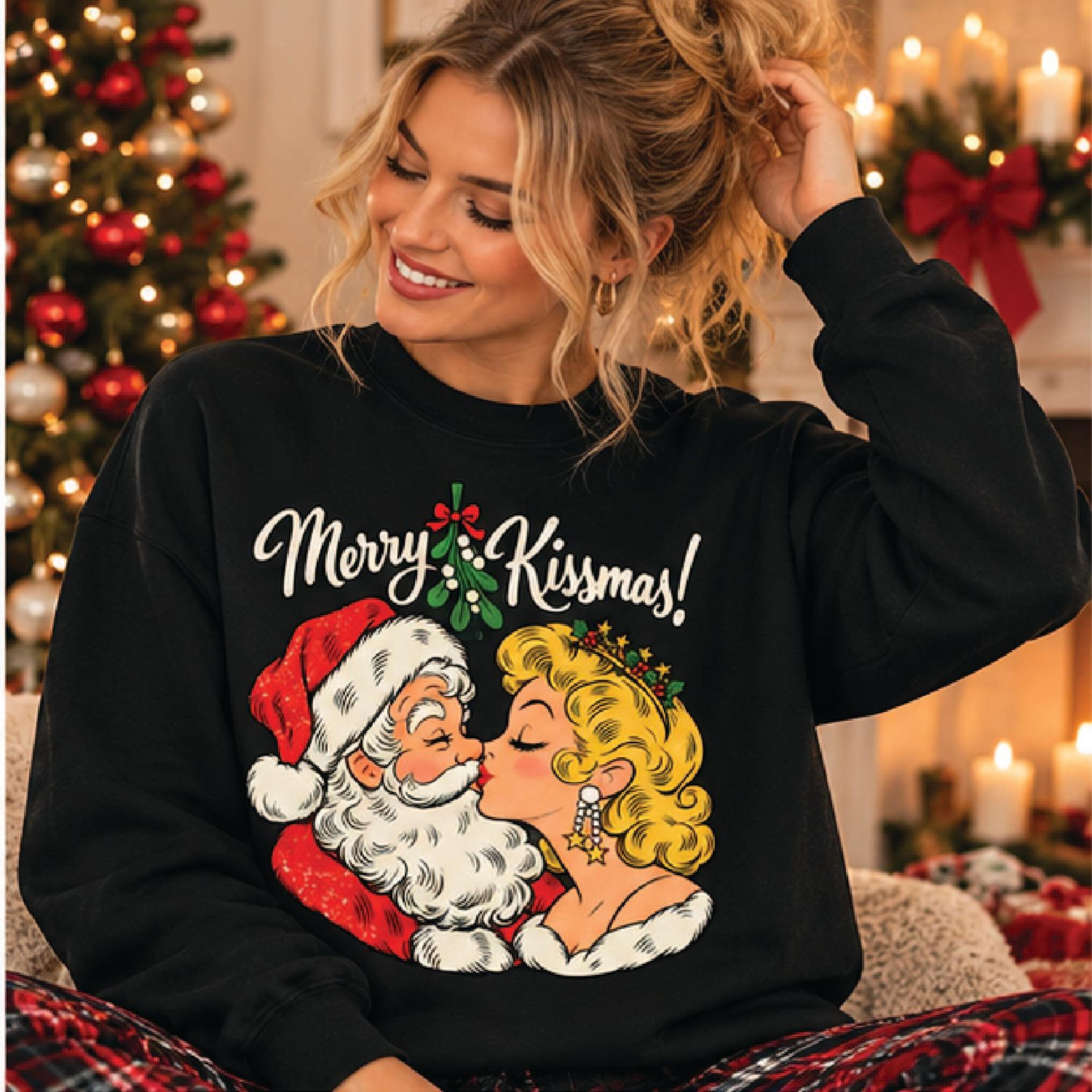 Merry Kissmas Christmas Sweatshirt Vintage Santa Kissing Pinup Girl Retro Mistletoe Holiday Graphic 3