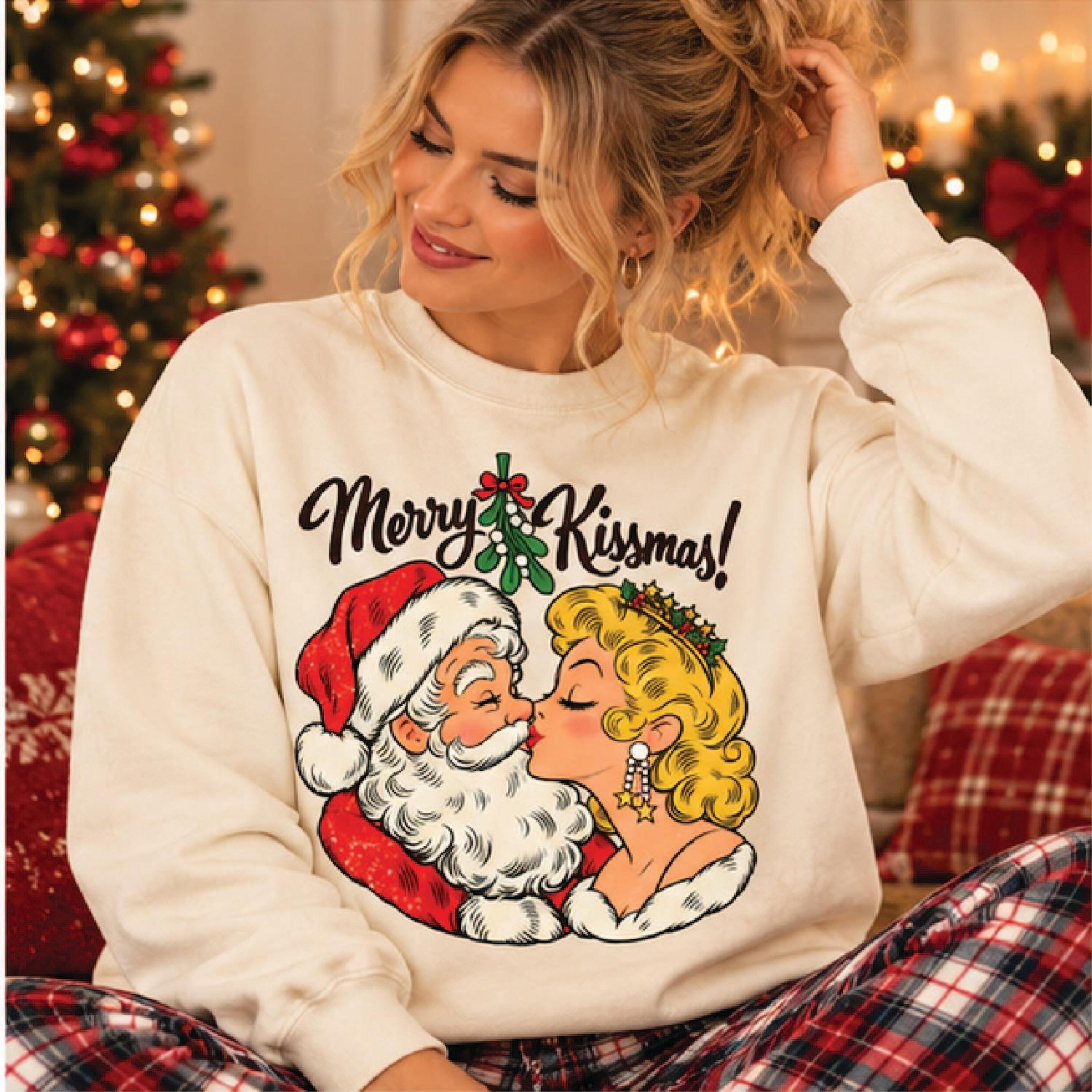 merry kissmas christmas sweatshirt, vintage santa kissing pinup girl, retro mistletoe holiday graphic, adult unisex xmas