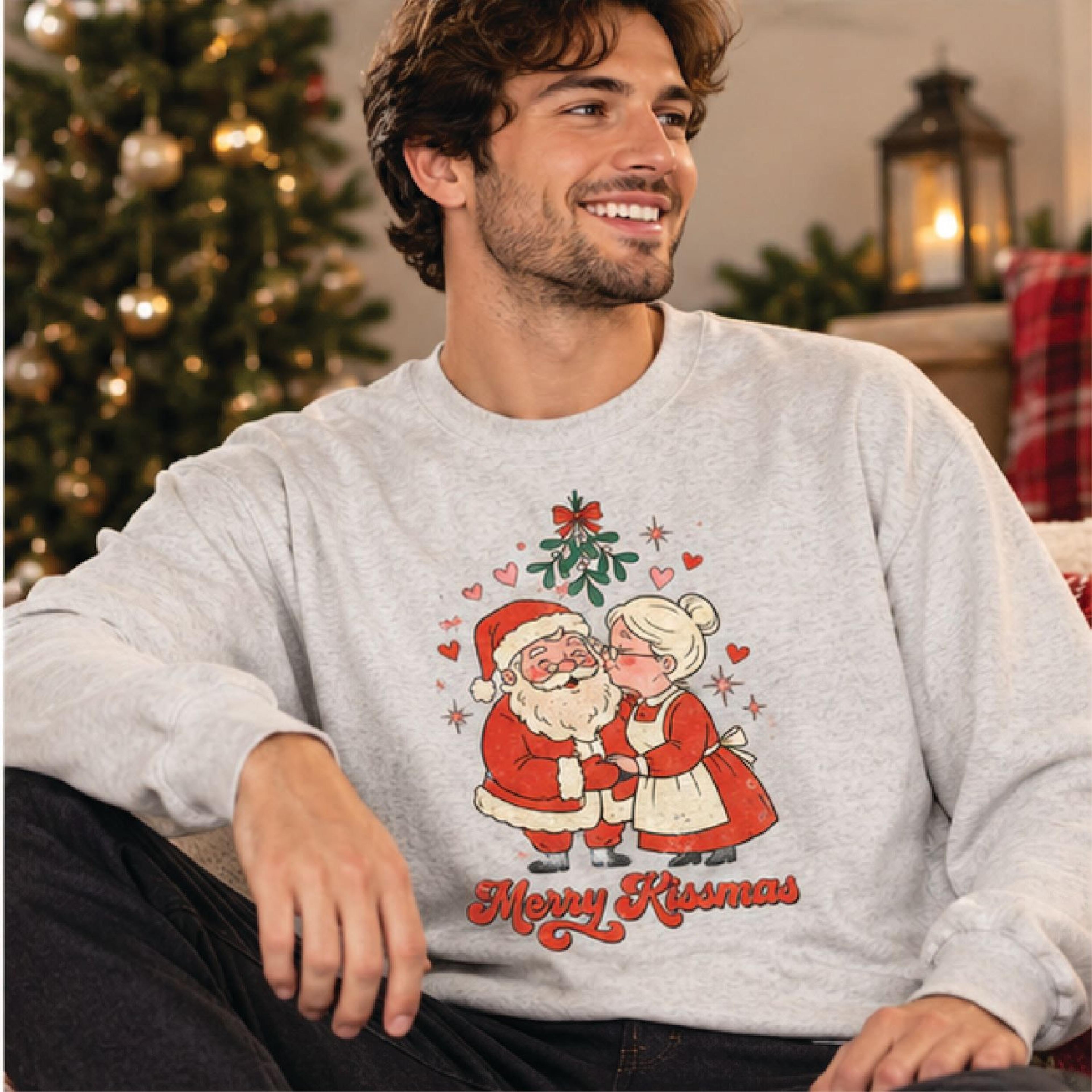 merry kissmas christmas sweatshirt, vintage santa and mrs claus kissing, cute mistletoe holiday sweatshirt, unisex xmas