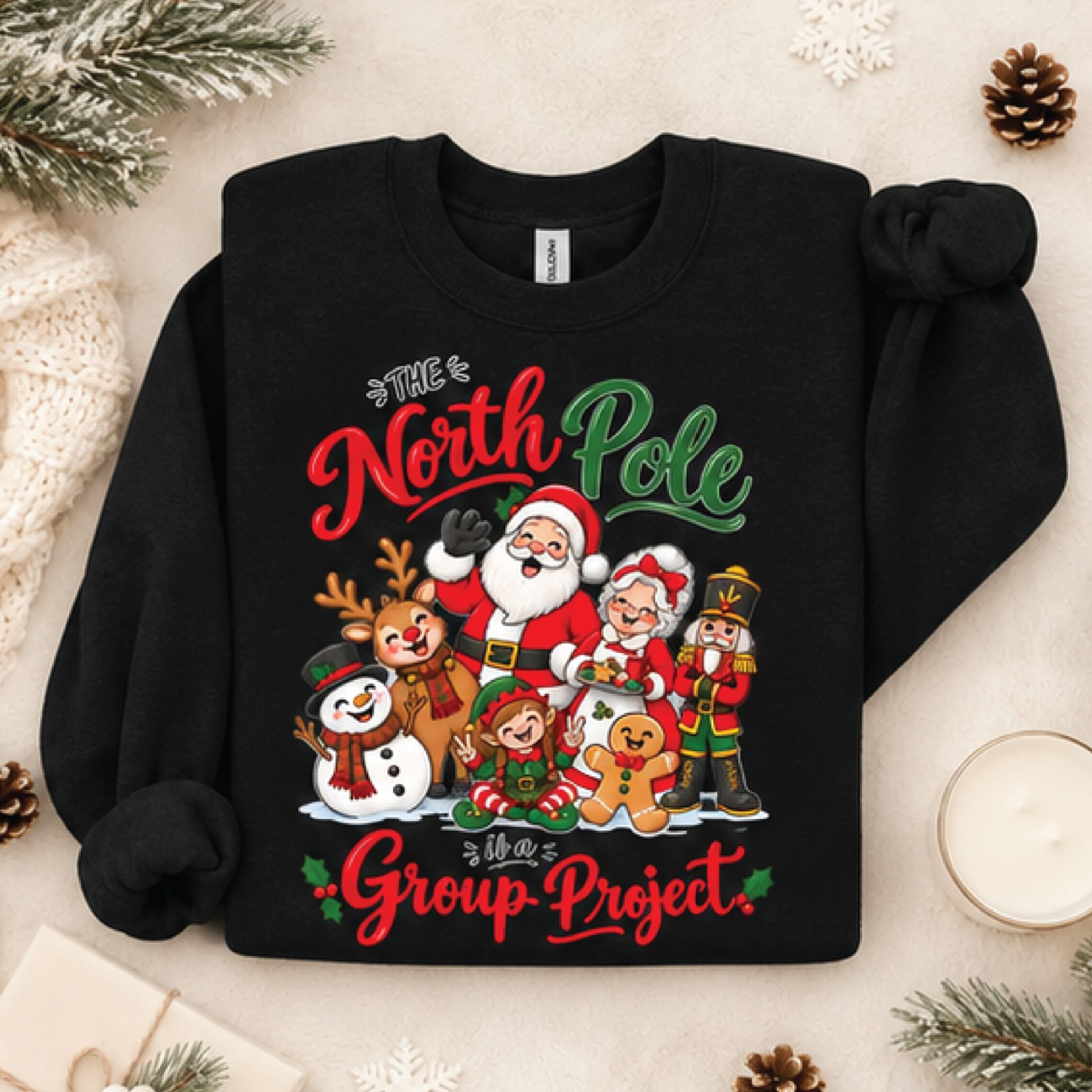 the north pole is a group project sweatshirt, funny christmas crew sweatshirt, santa holiday humor, unisex festive gift