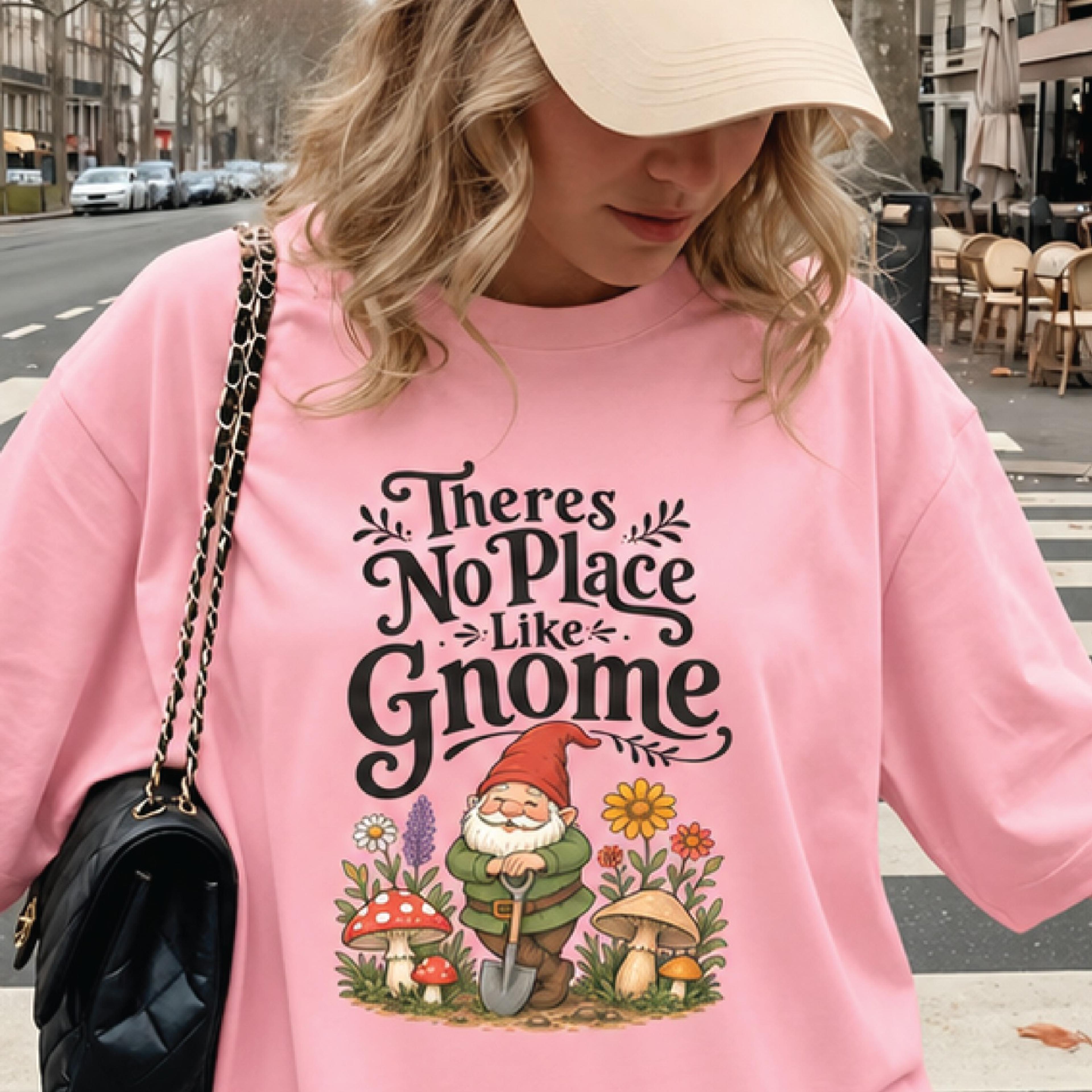 there's no place like gnome sweatshirt, cute garden gnome graphic, funny mushroom lover gift, unisex cottagecore