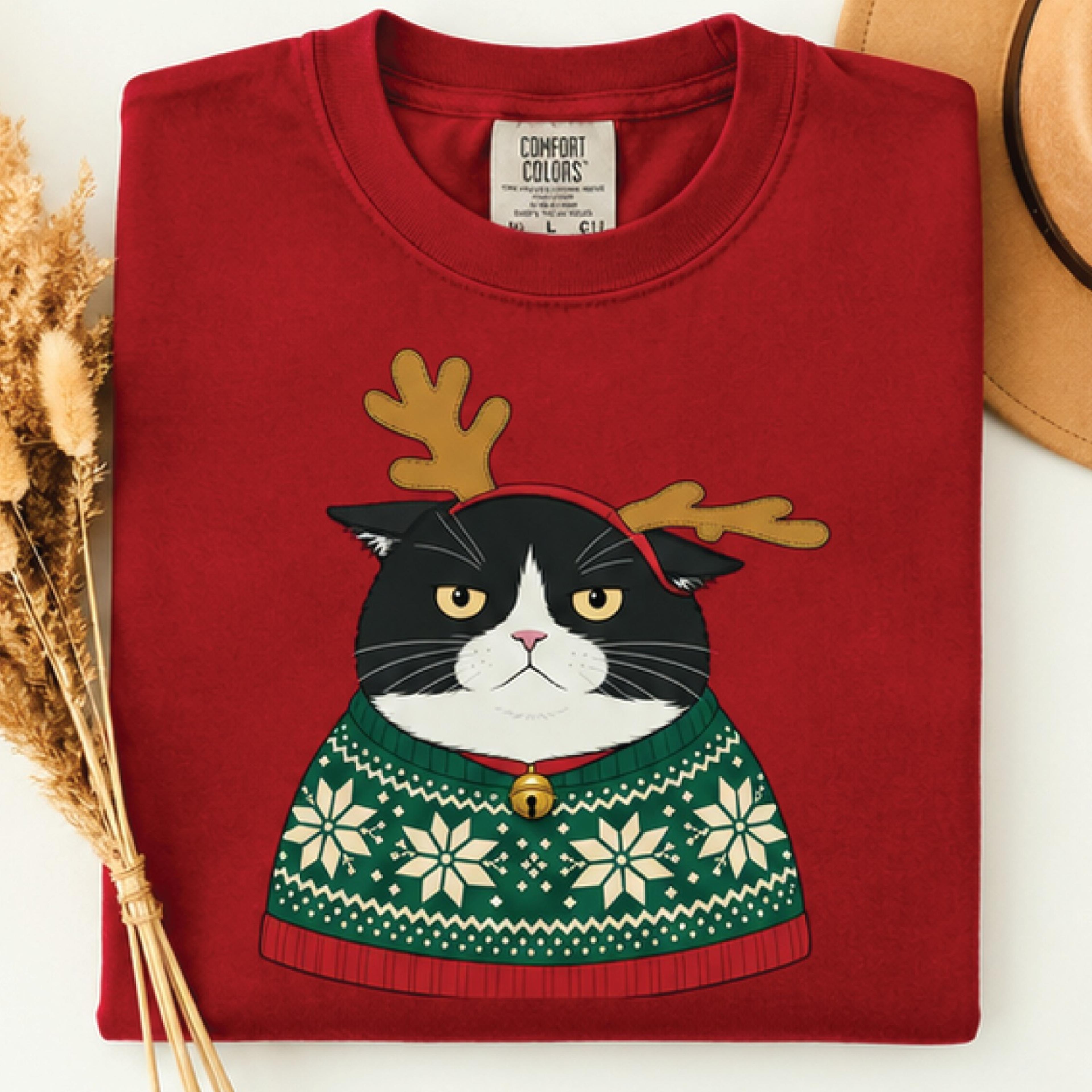 funny grumpy cat christmas sweatshirt, reindeer antlers cat graphic, holiday cat lover gift, unisex festive sweatshirt