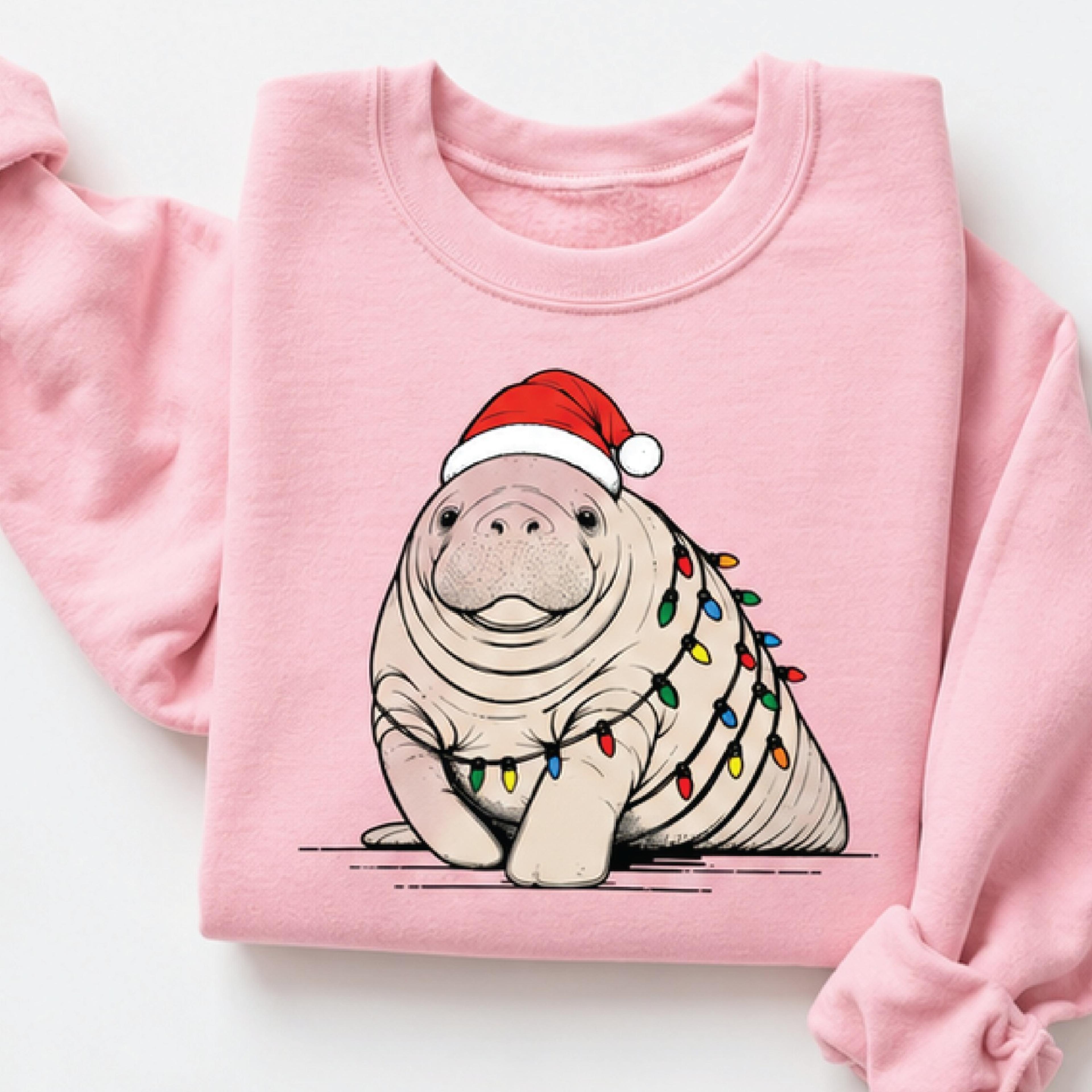 christmas manatee sweatshirt, cute santa hat sea cow with holiday lights, funny marine animal lover gift, unisex
