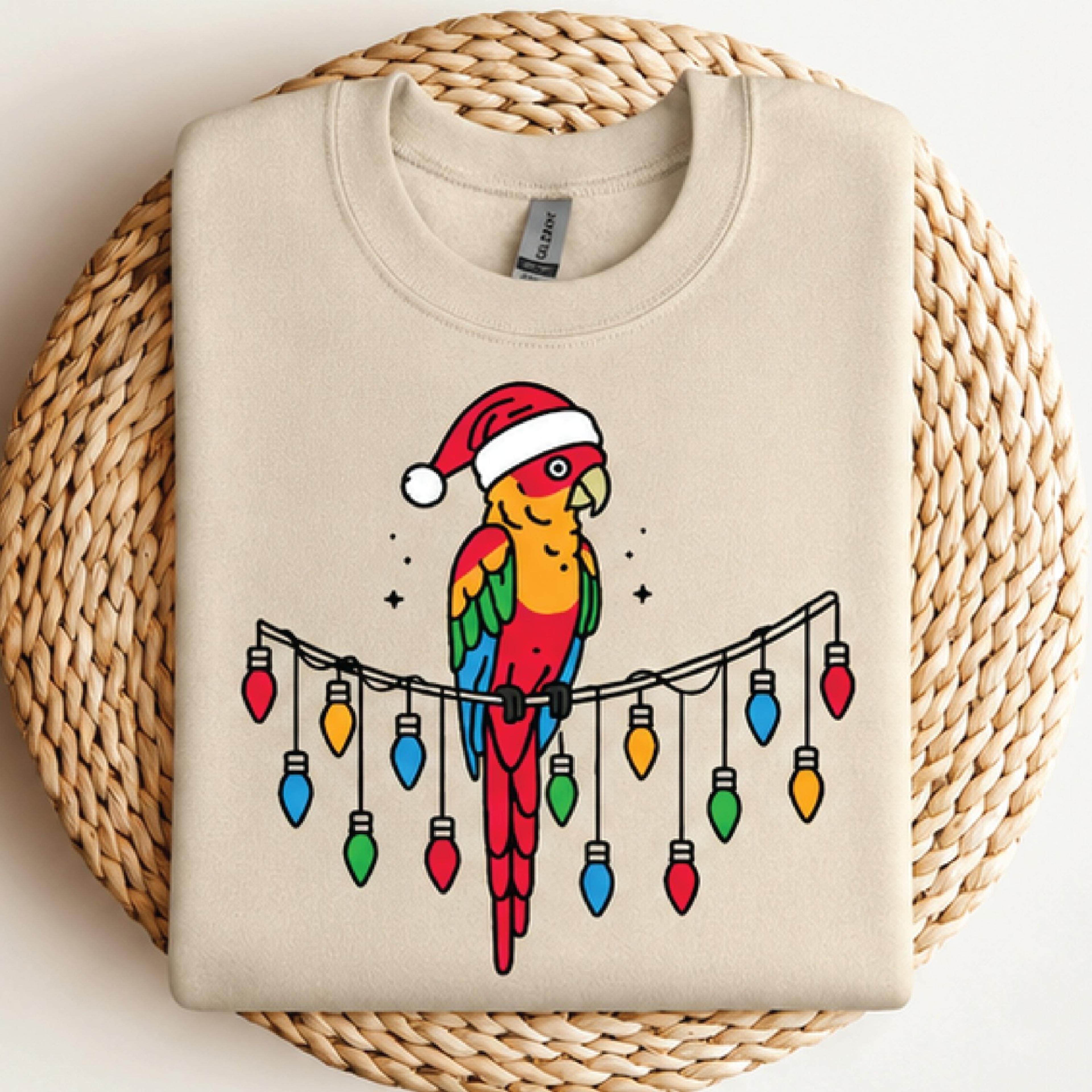 christmas parrot sweatshirt, colorful macaw santa hat with holiday lights, tropical bird lover gift, unisex festive