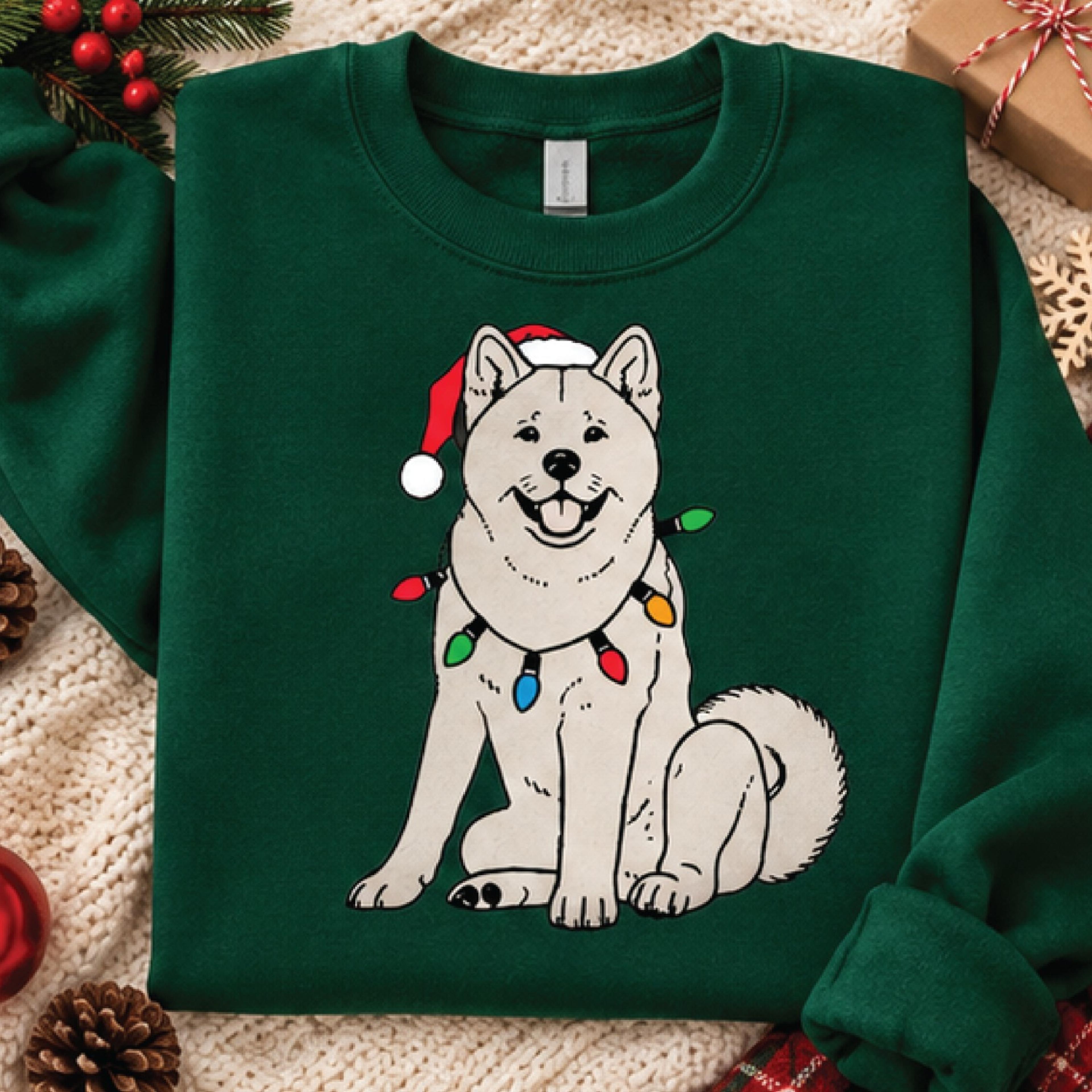 christmas samoyed sweatshirt, cute santa hat dog with holiday lights, festive dog lover gift, unisex christmas